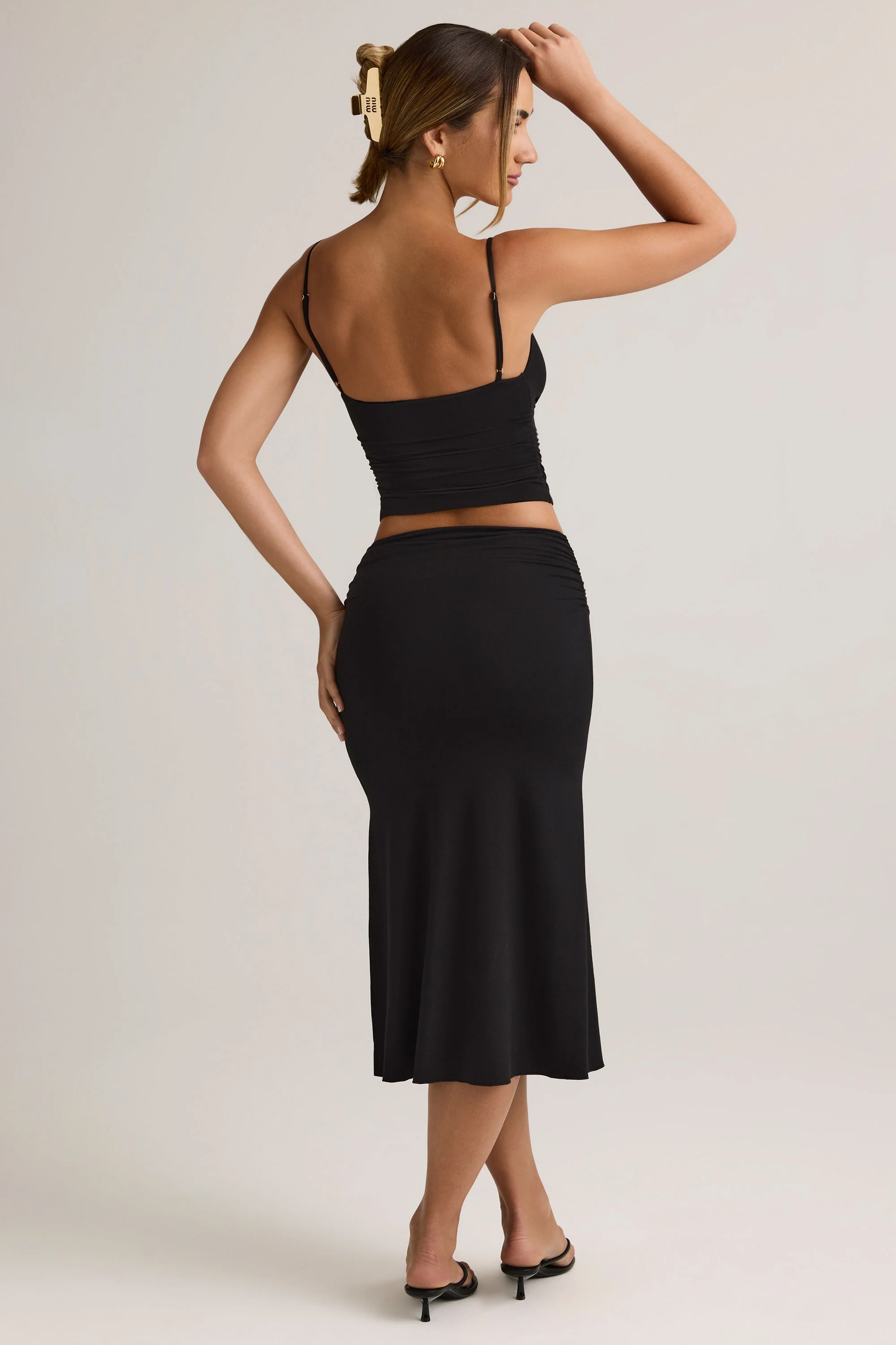 Modal Ruched Mid-Rise Midaxi Skirt in Black