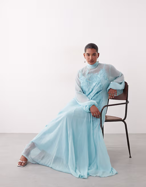 ARRANGE Curve applique floral tie neck blouson sleeve trapeze maxi dress in blue