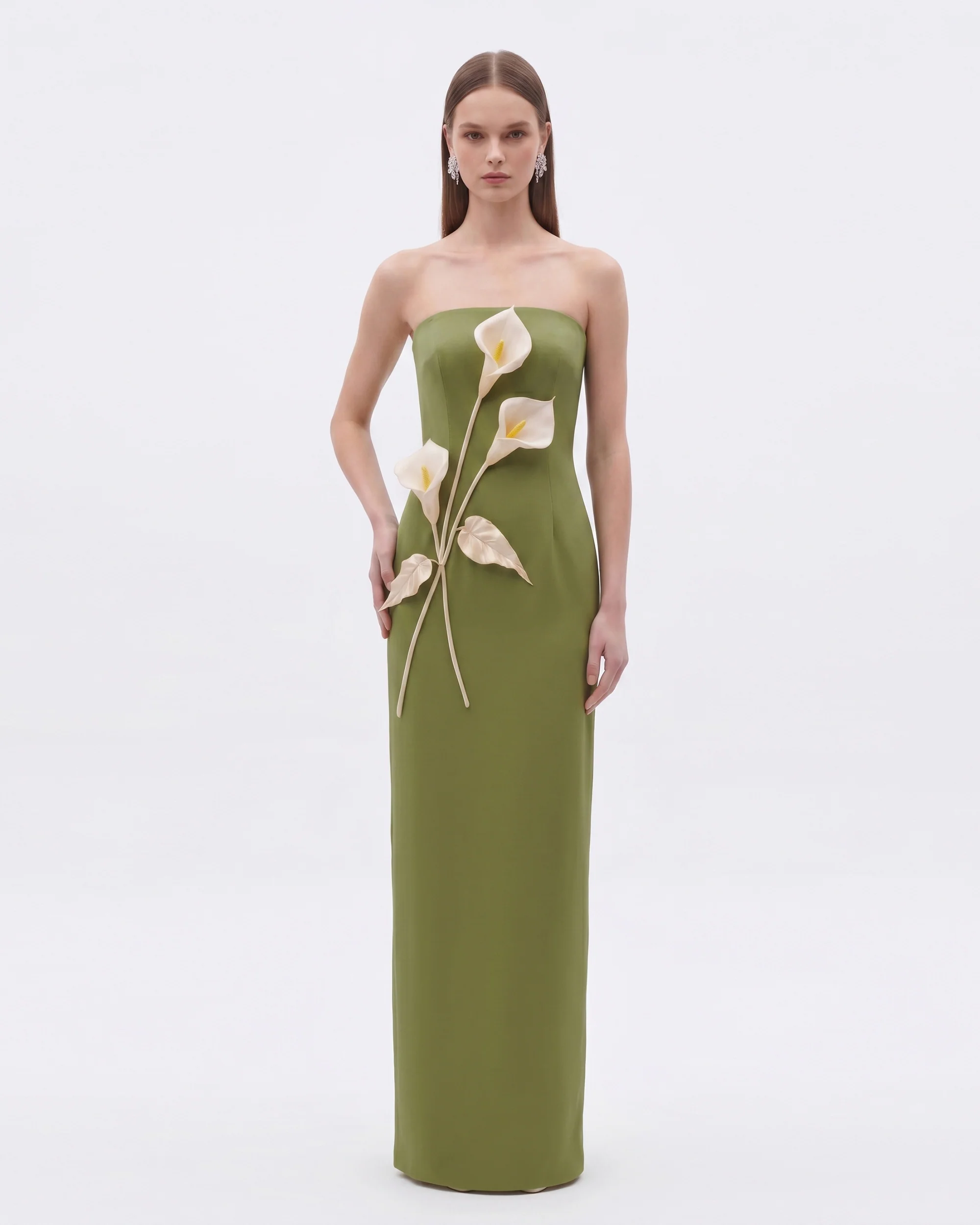 Floral Appliqué Strapless Dress - Olive Green