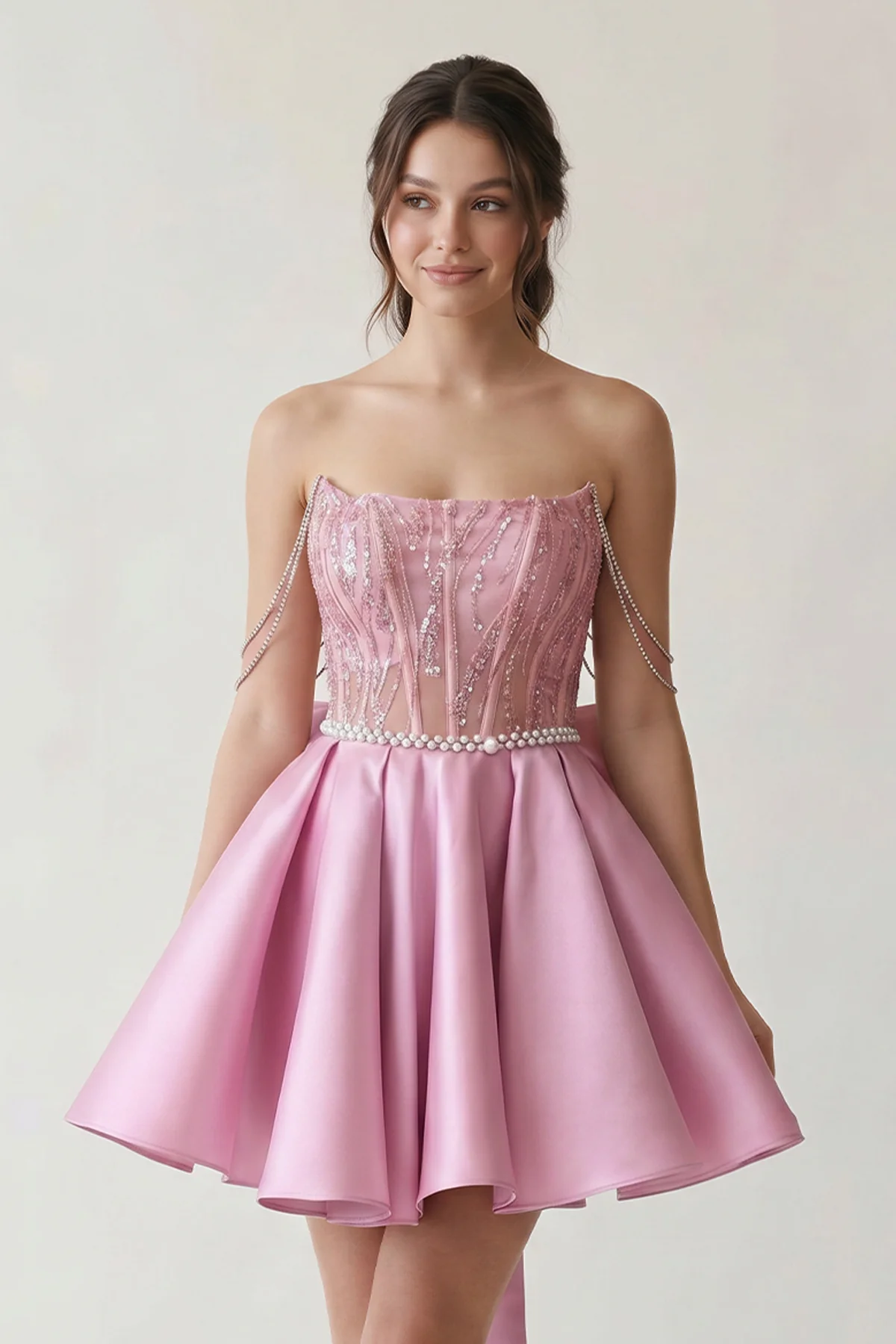 A-Line Pink Lace Off-the-Shoulder Bow-Back Short Homecoming Dress