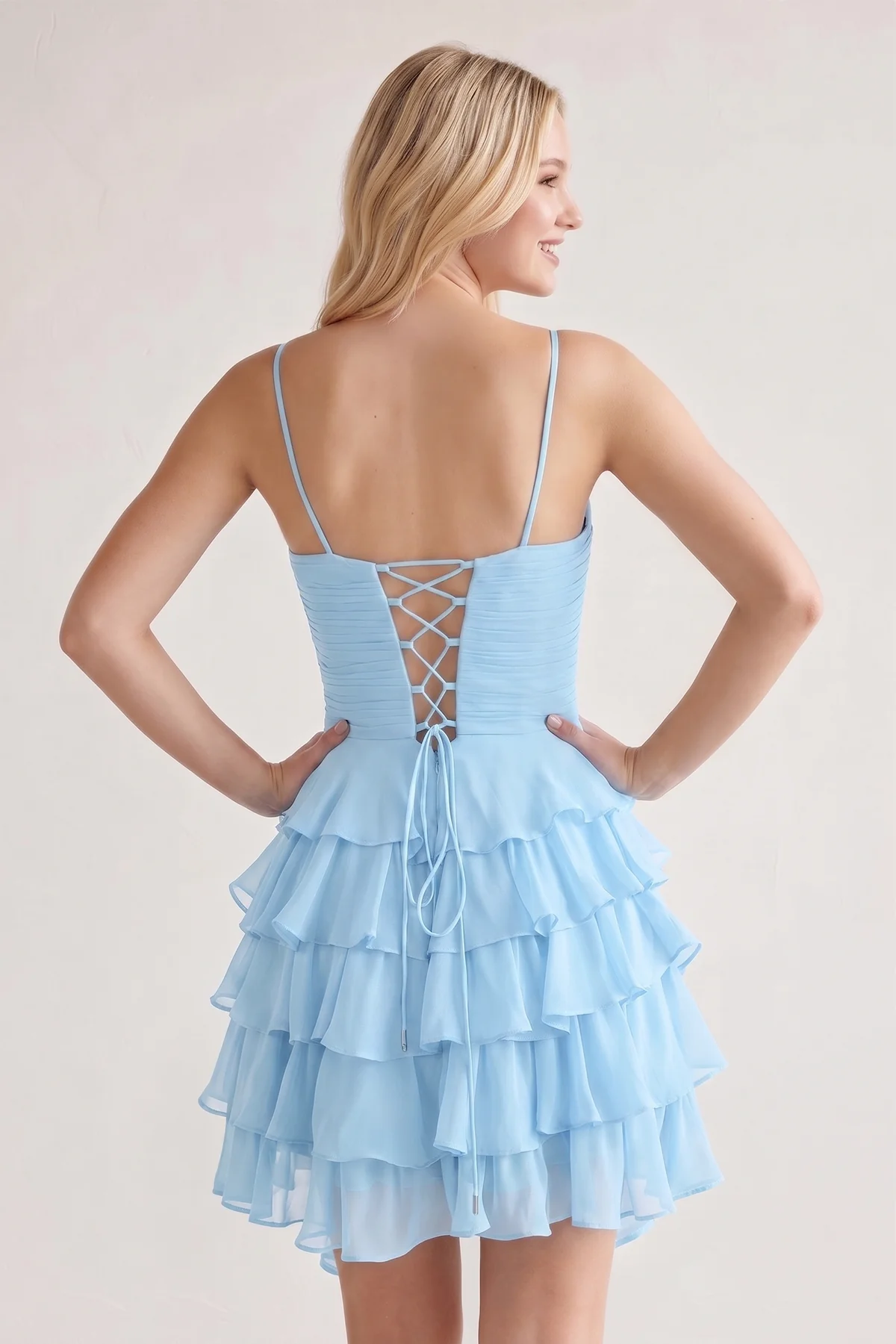 Pink Spaghetti Straps A Line Chiffon Ruffles Homecoming Dresses With Bow