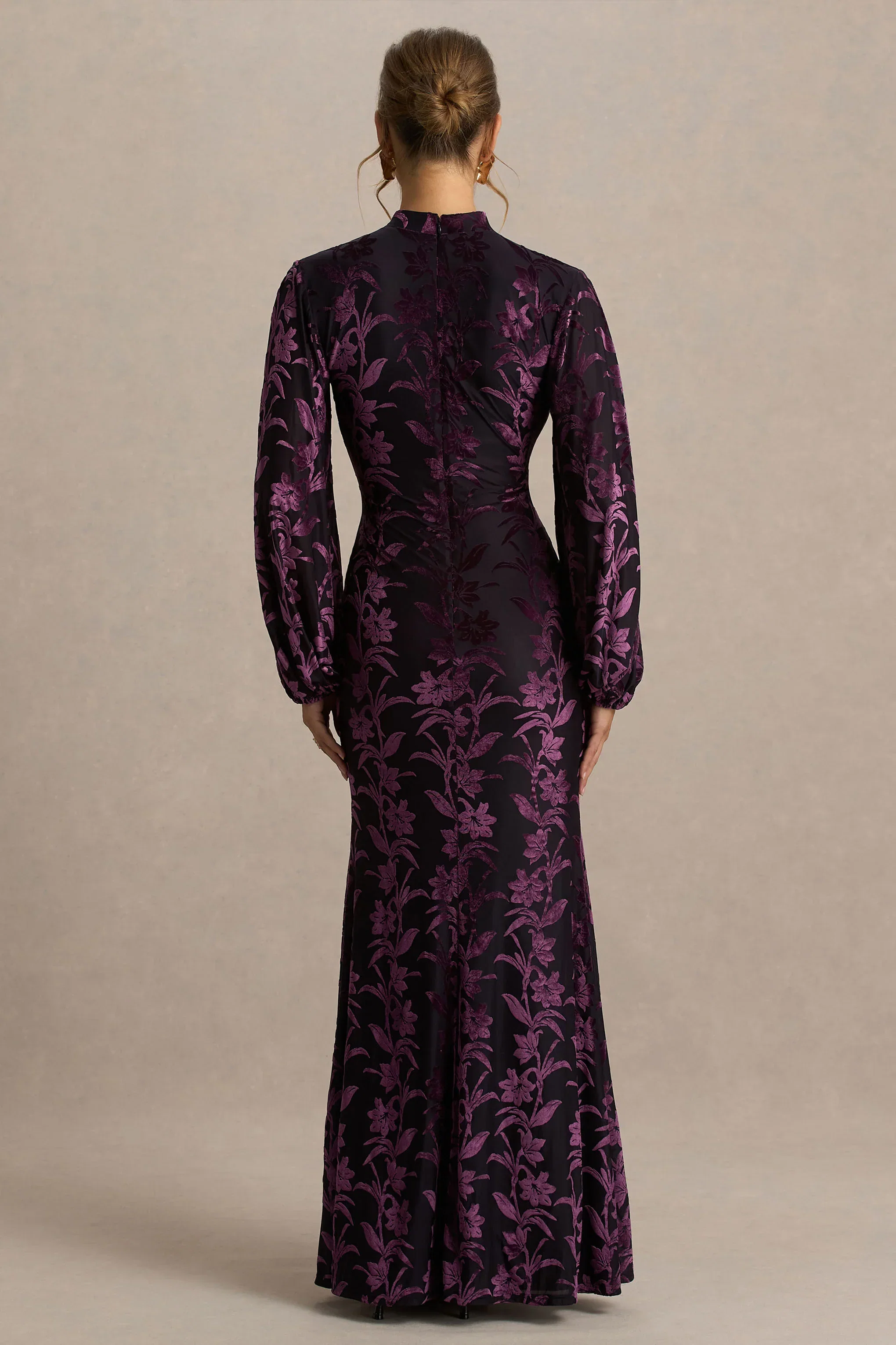 Janet | Black And Purple Devore High-Neck Maxi Dress With Cut-Out Details