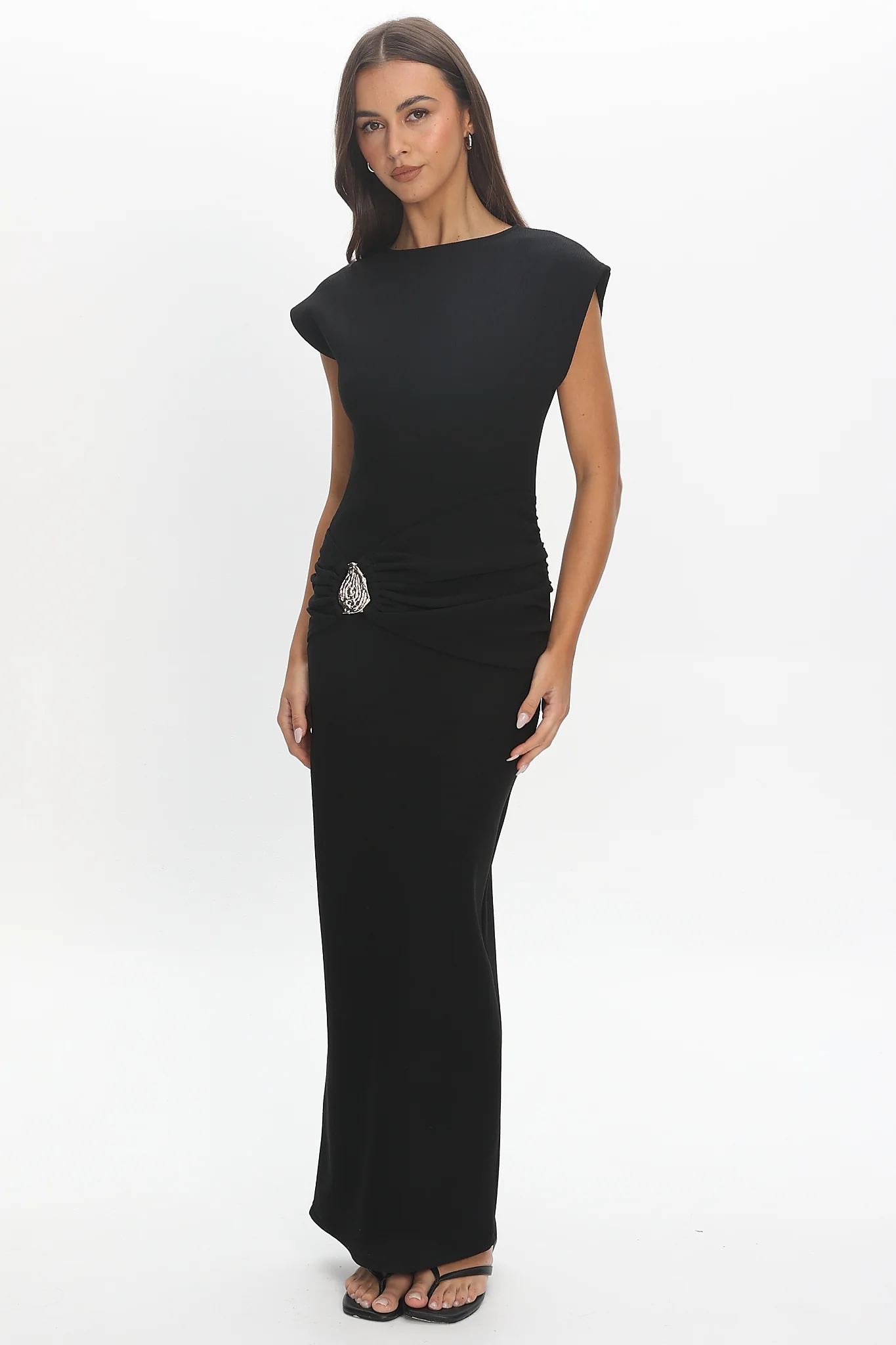 Briona Short Sleeve Buckle Maxi Dress Textured Black