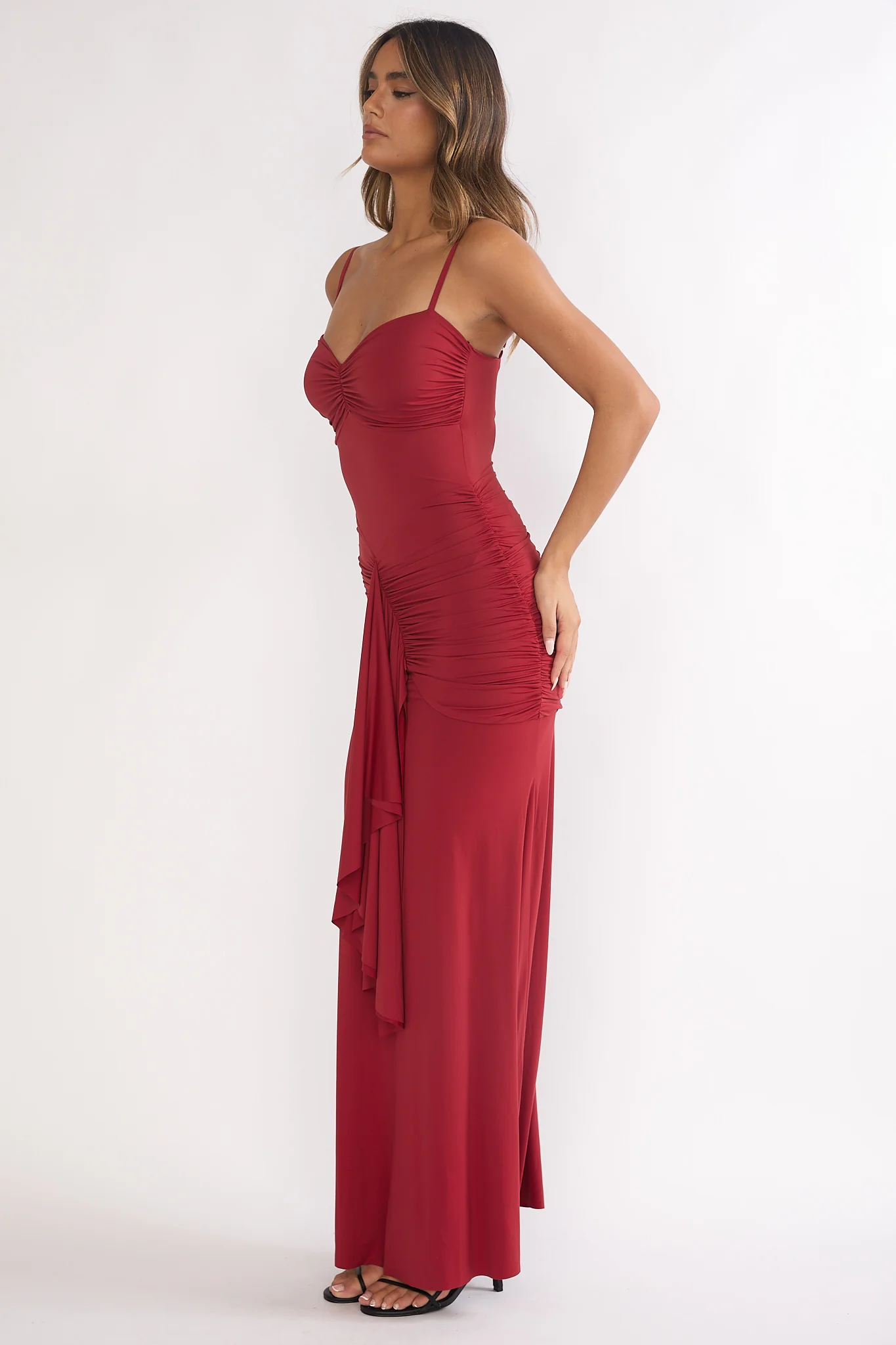 Lunara Ruched Cascade Sash Dress Wine - luluinthesky