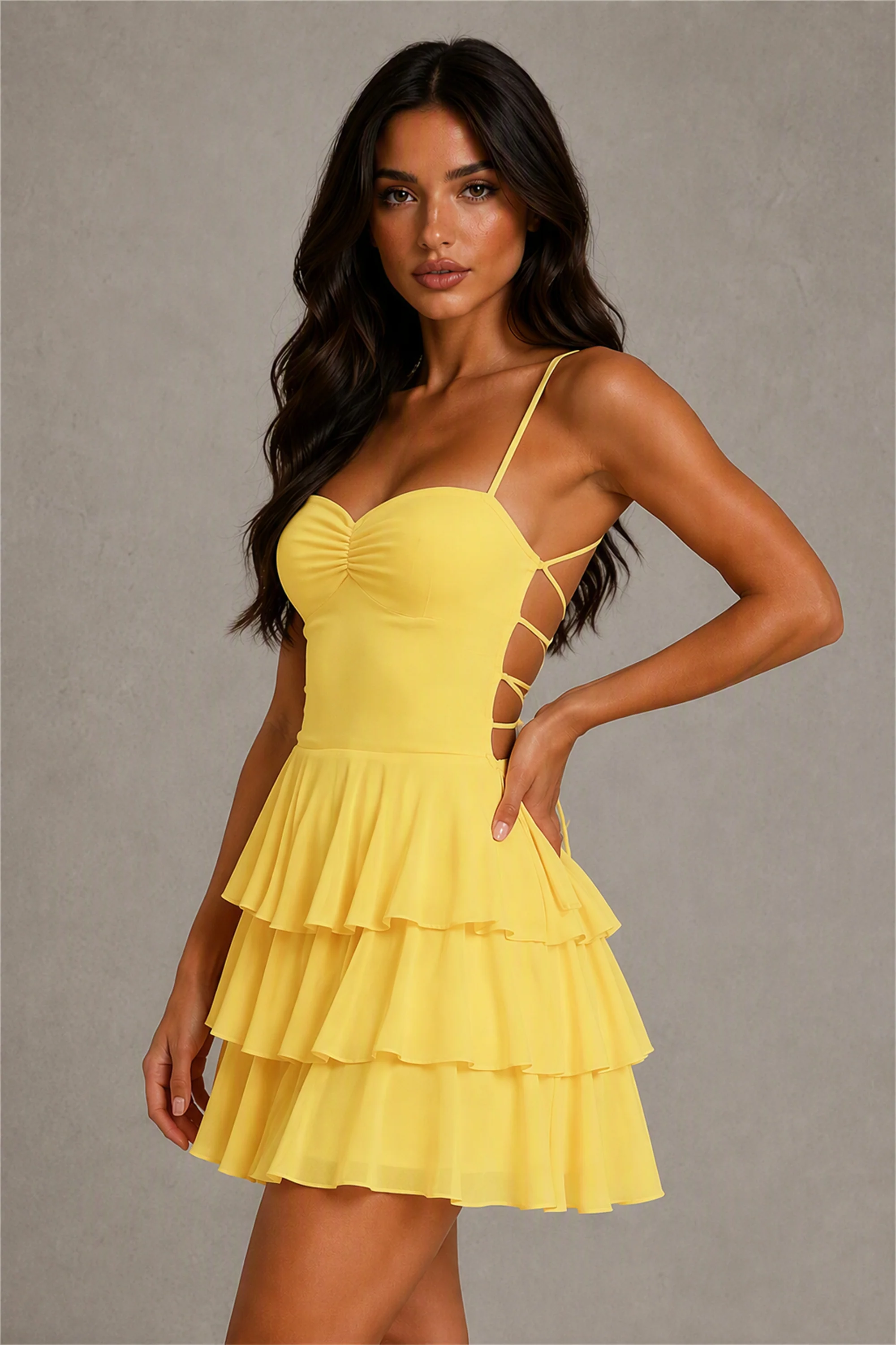 BOLODOO Yellow Chiffon Sweetheart Spaghetti Strap Lace-Up Open Back Tiered Ruffle Mini Dress | Cocktail Party Date Night Dress