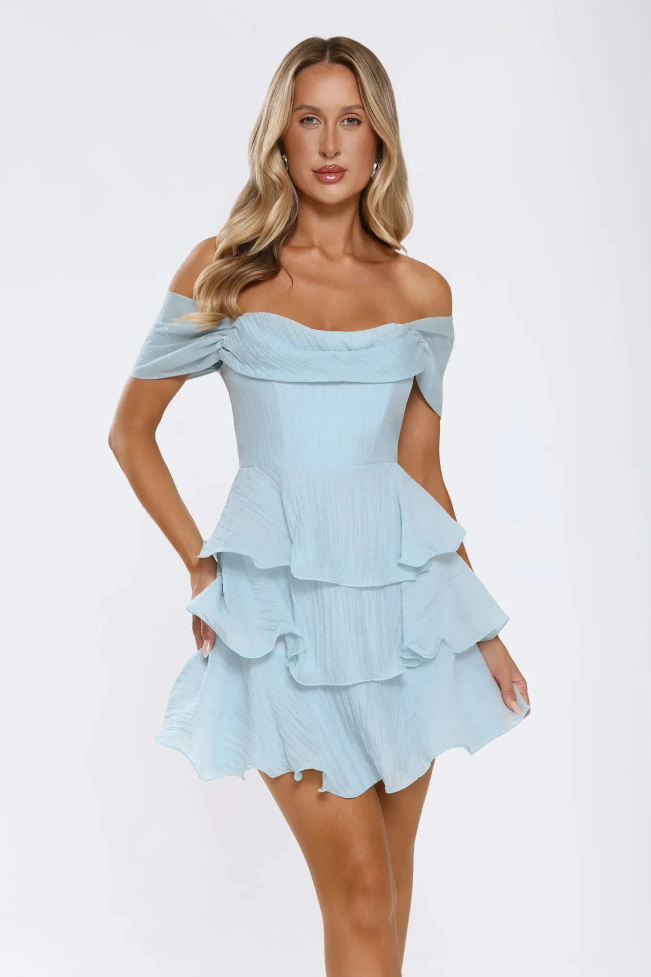 Pretty In The Sun Off Shoulder Mini Dress Blue