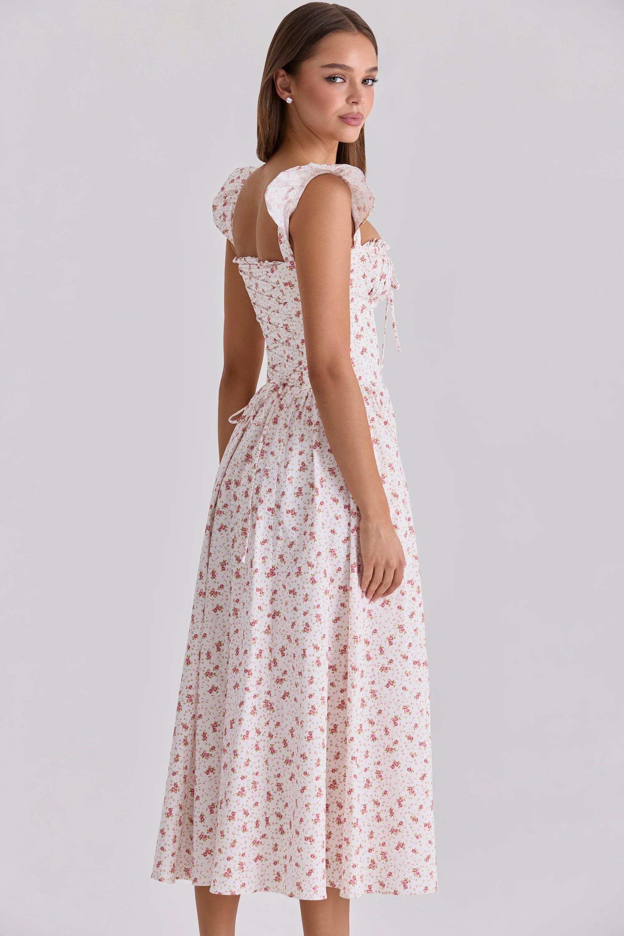 White Rose Print Cotton Midi Sundress
