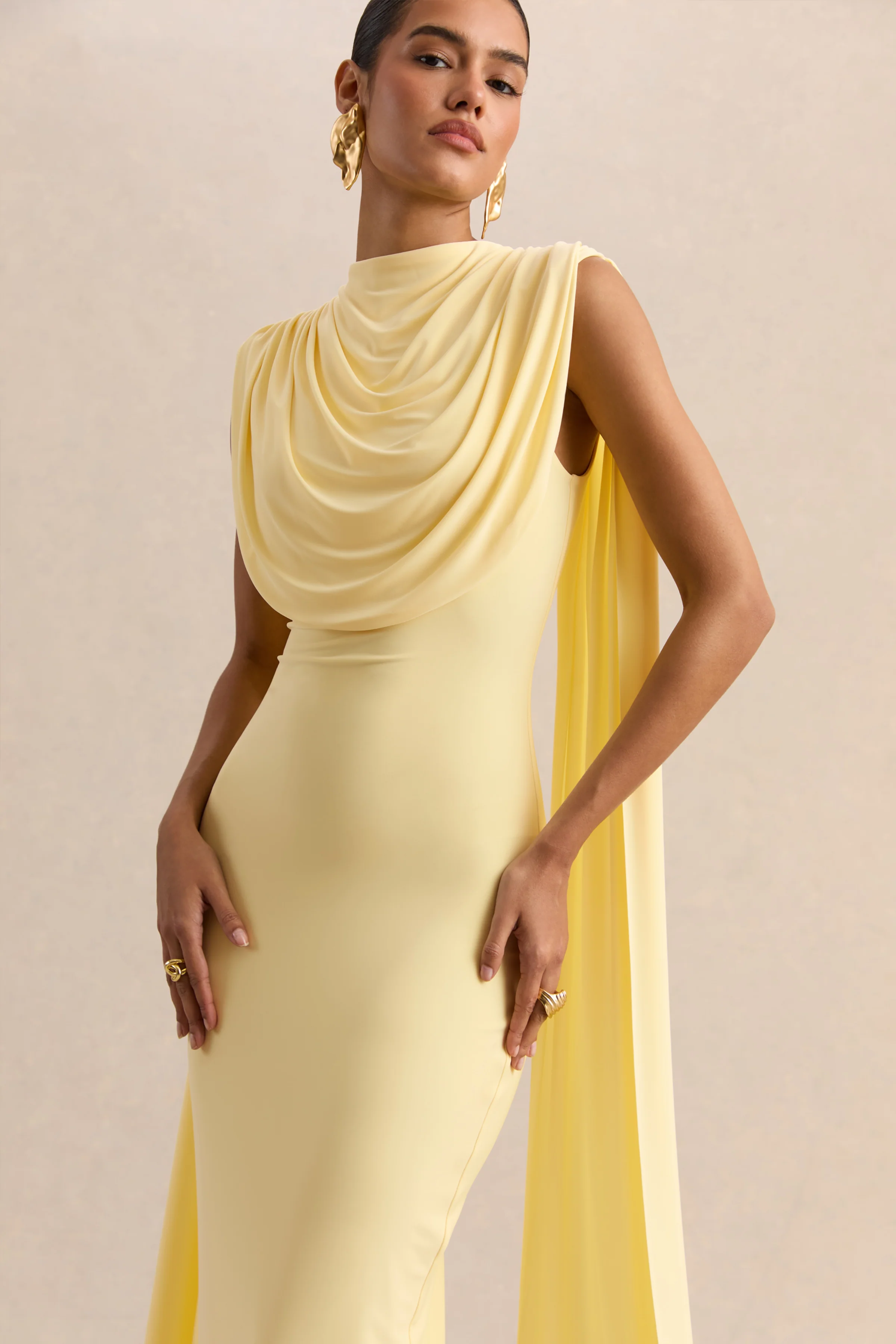 Patrina | Lemon High-Neck Maxi Dress With Draped-Detailing And Cape-Sleeves