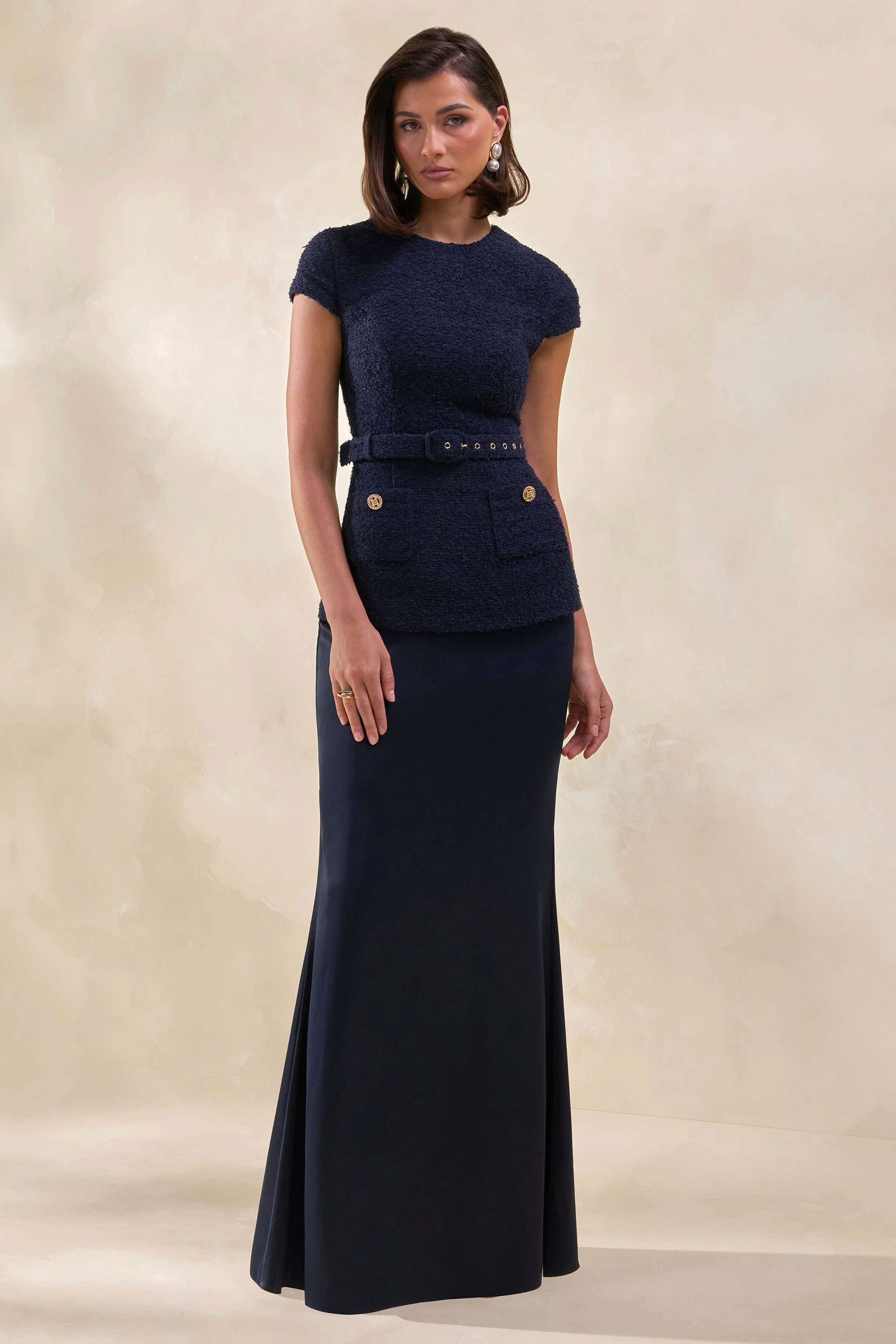 Whispera | Navy Crew-Neck Maxi Dress With Satin Skirt And Pocket-Details