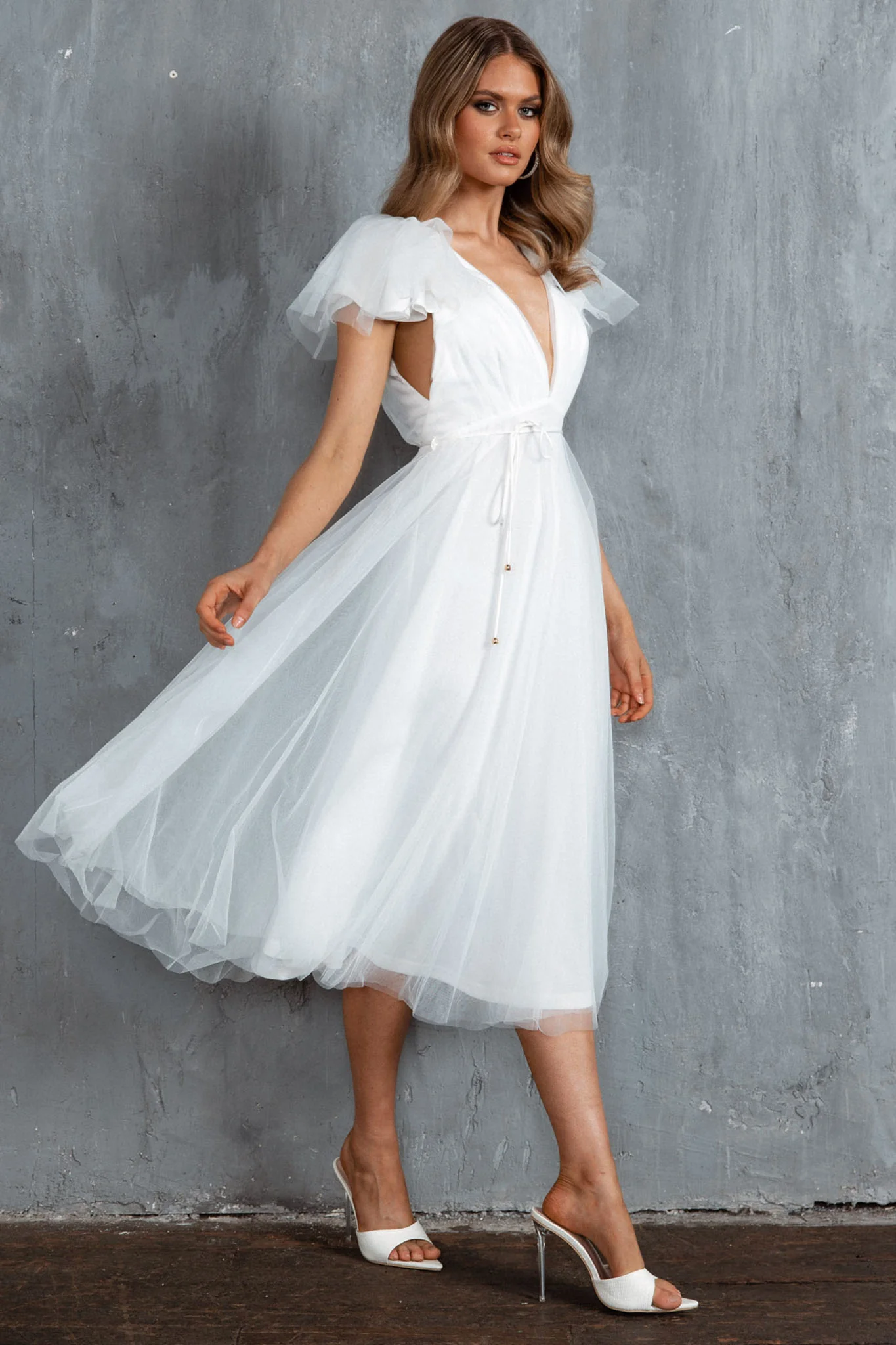 Leap Of Faith Frill Shoulder Tulle Midi Dress White