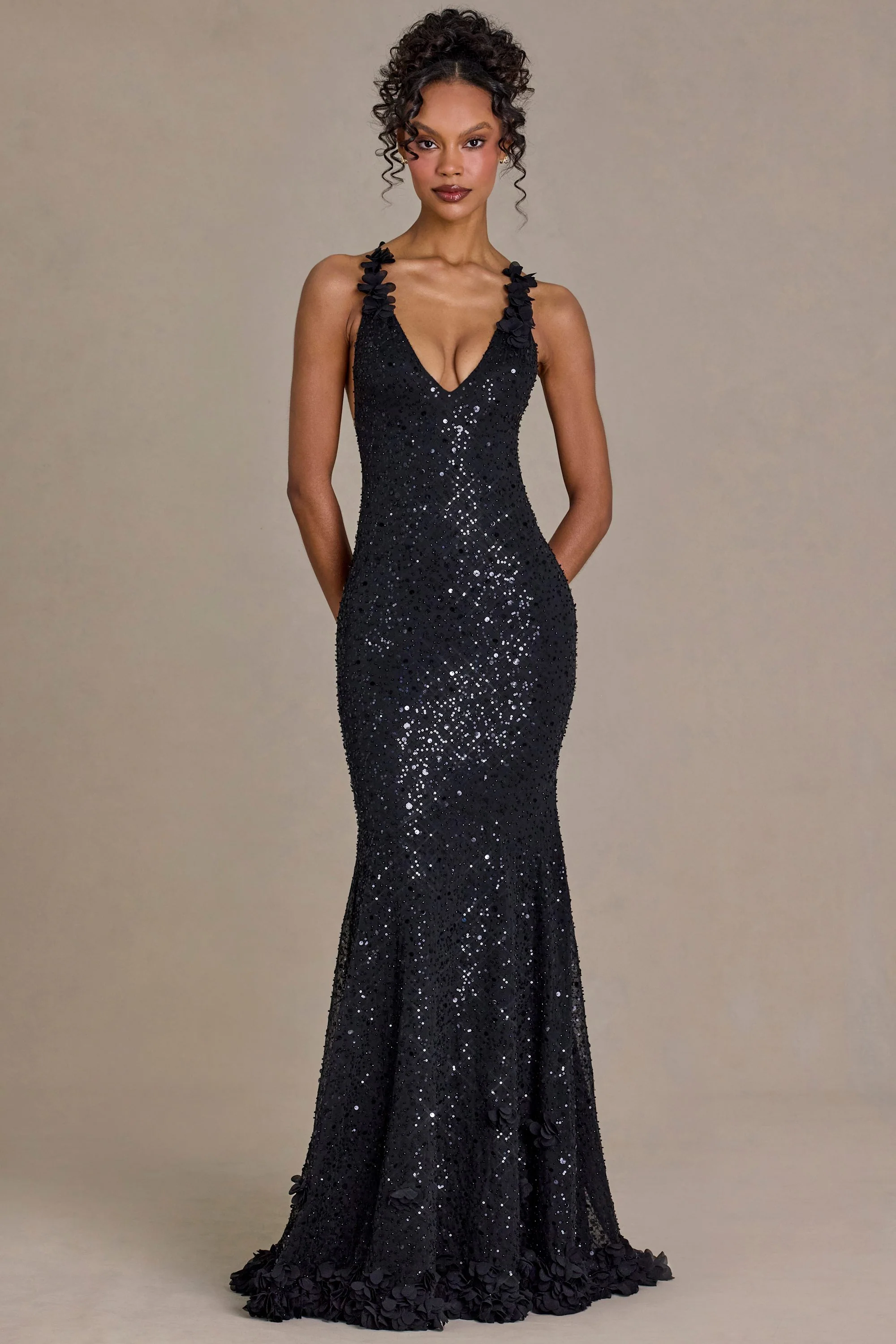 Embellished Plunge Open-Back Gown in Black