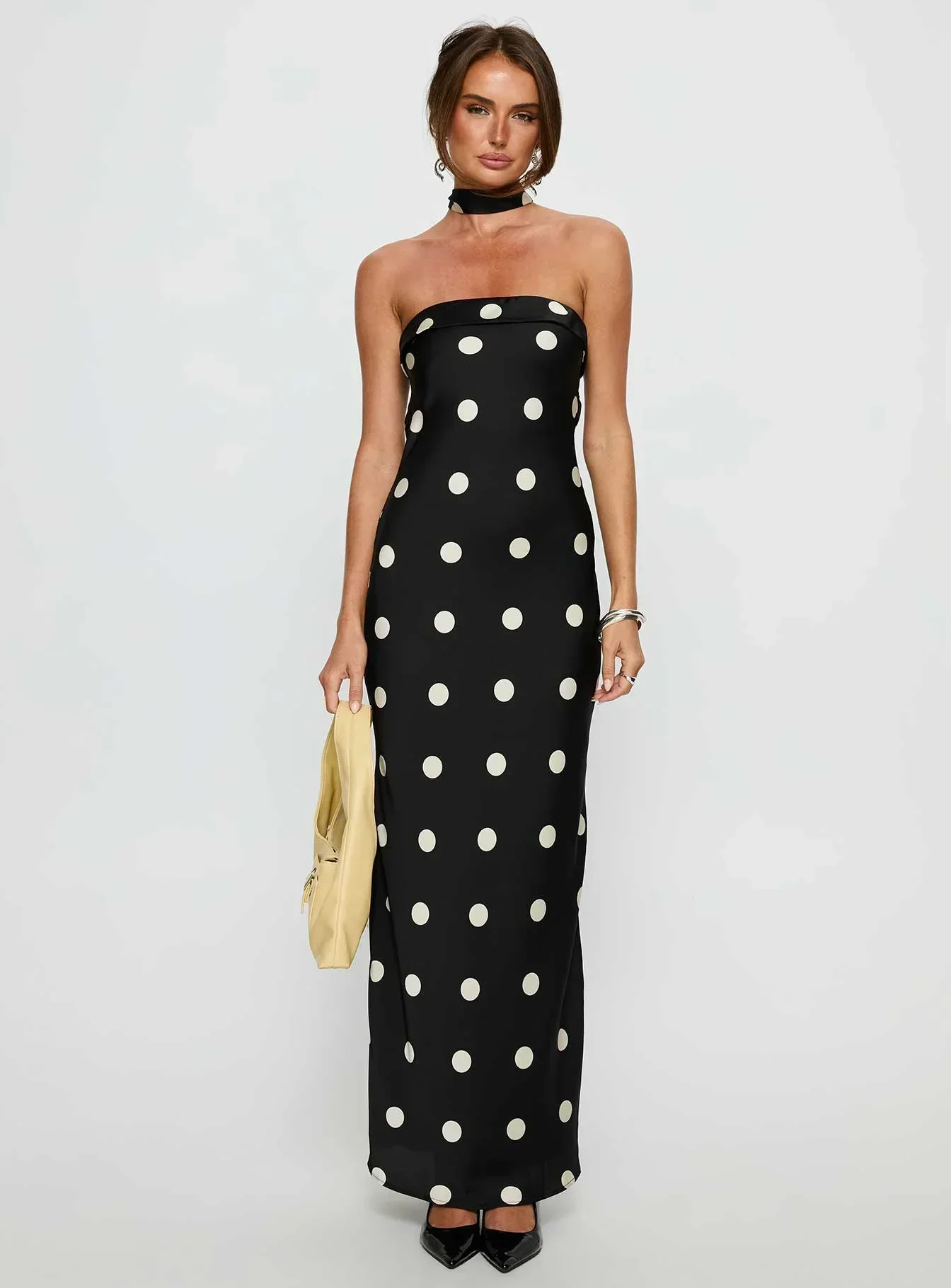 Madilaine Strapless Scarf Maxi Dress Black / Polka Dot
