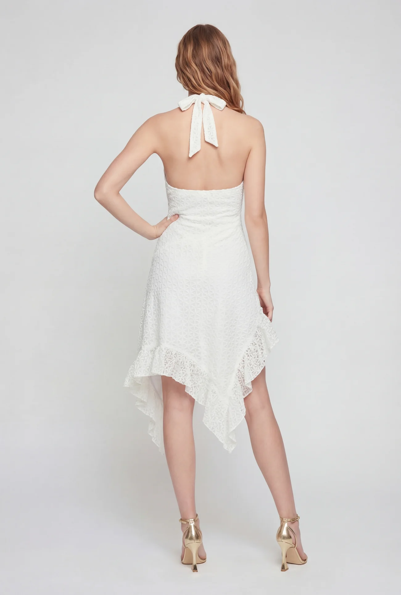 Lace Asymmetrical Hem Halter Midi Dress