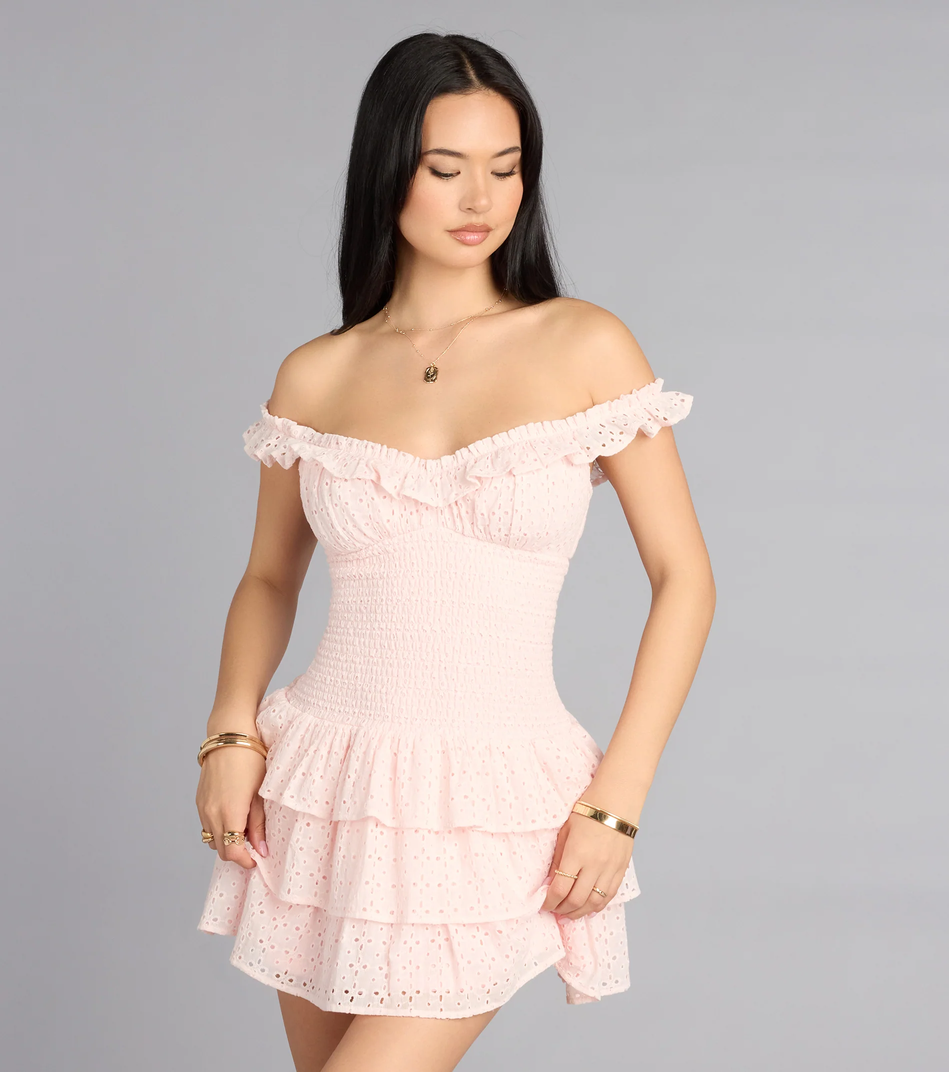 Sweet Plans Eyelet Off-The-Shoulder Skater Dress