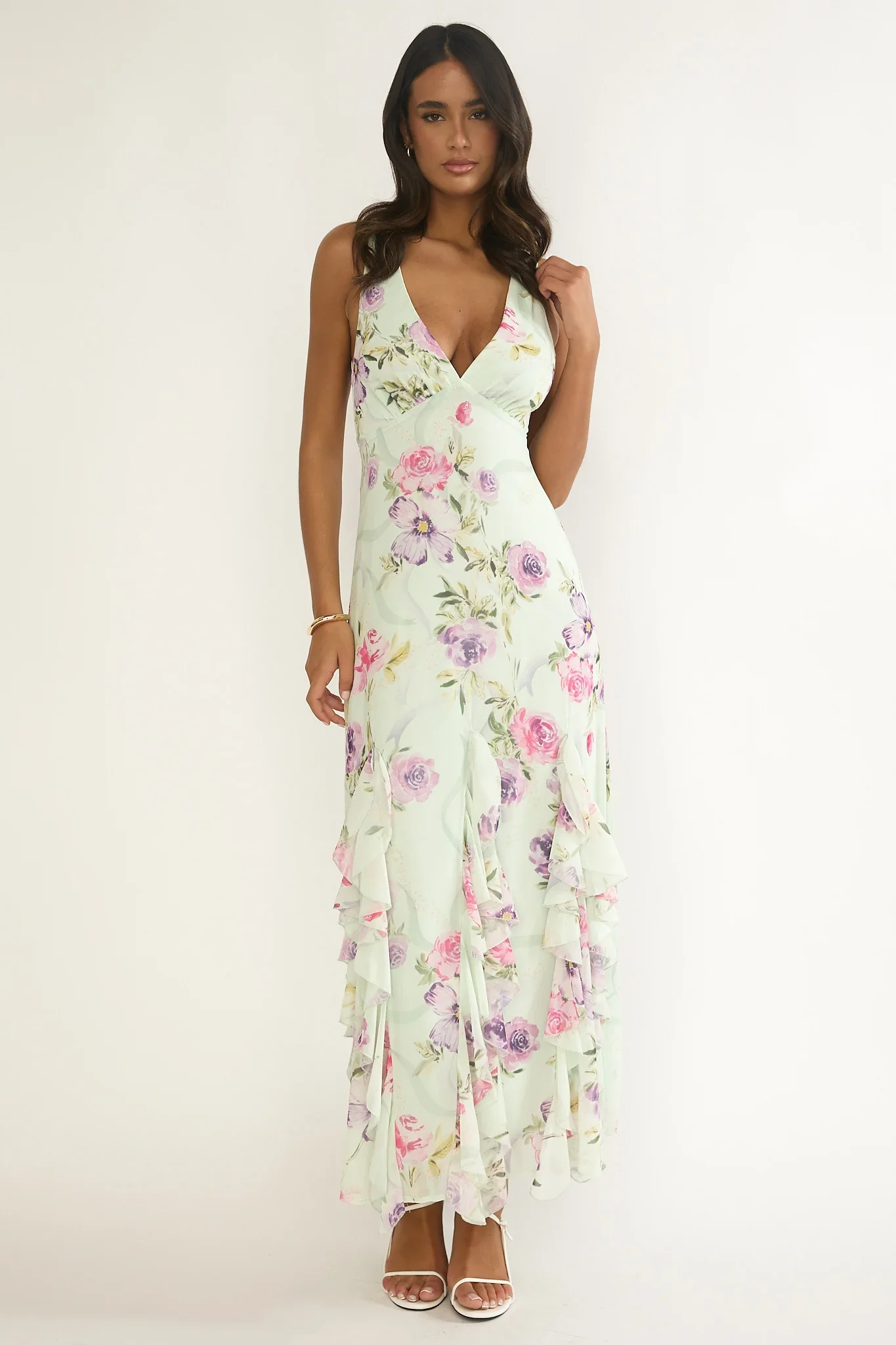 Elenya Strappy Back Ruffle Trim Maxi Dress Mint Floral