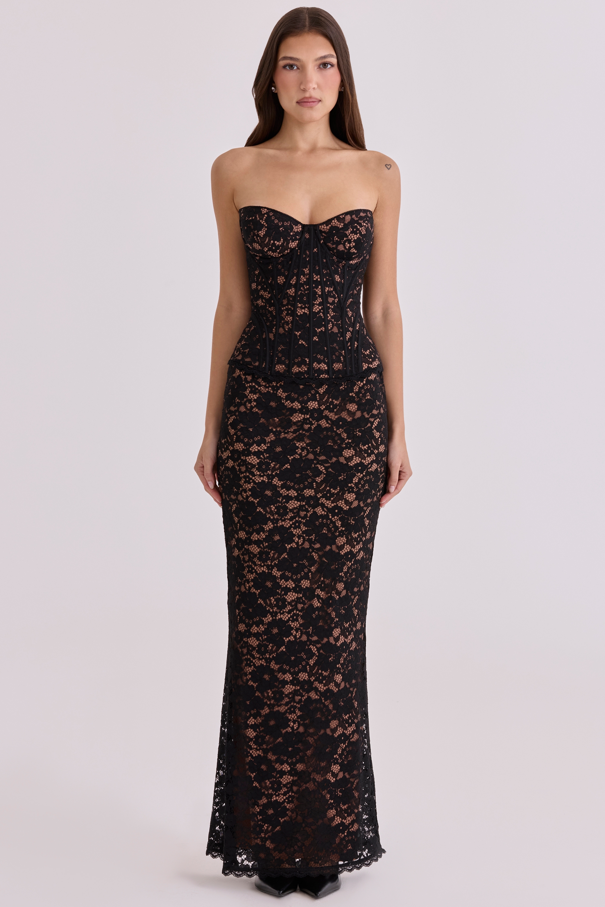 black + blush lace corset maxi dress