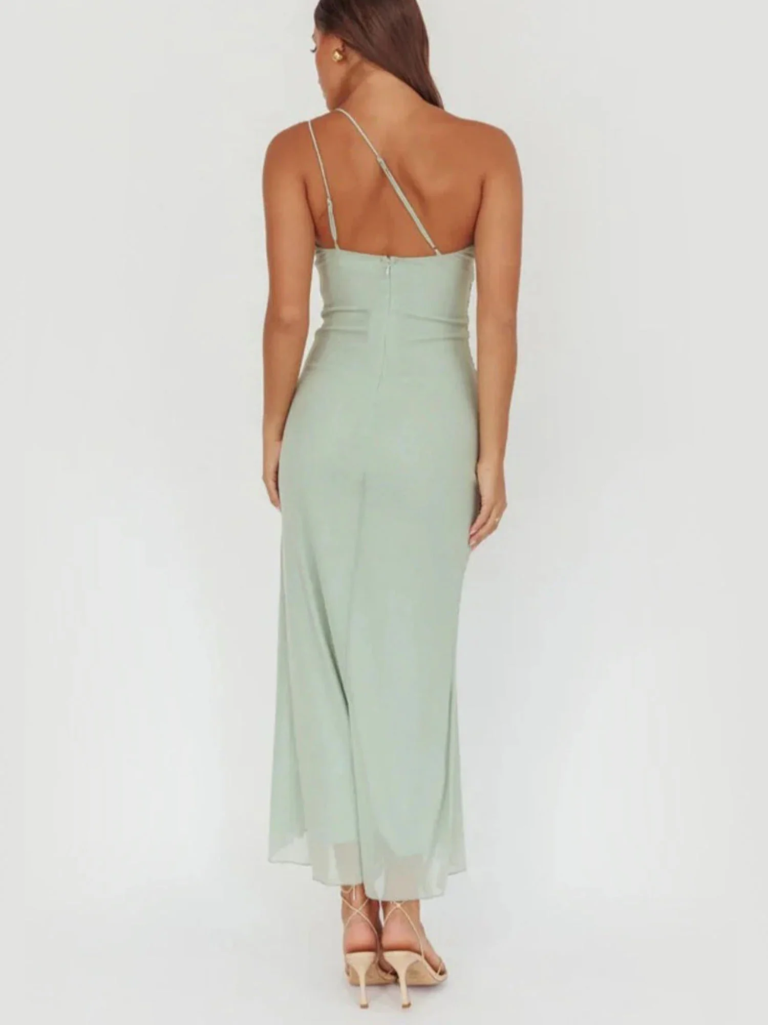 Light Green One Shoulder Ruffle Midi Dress