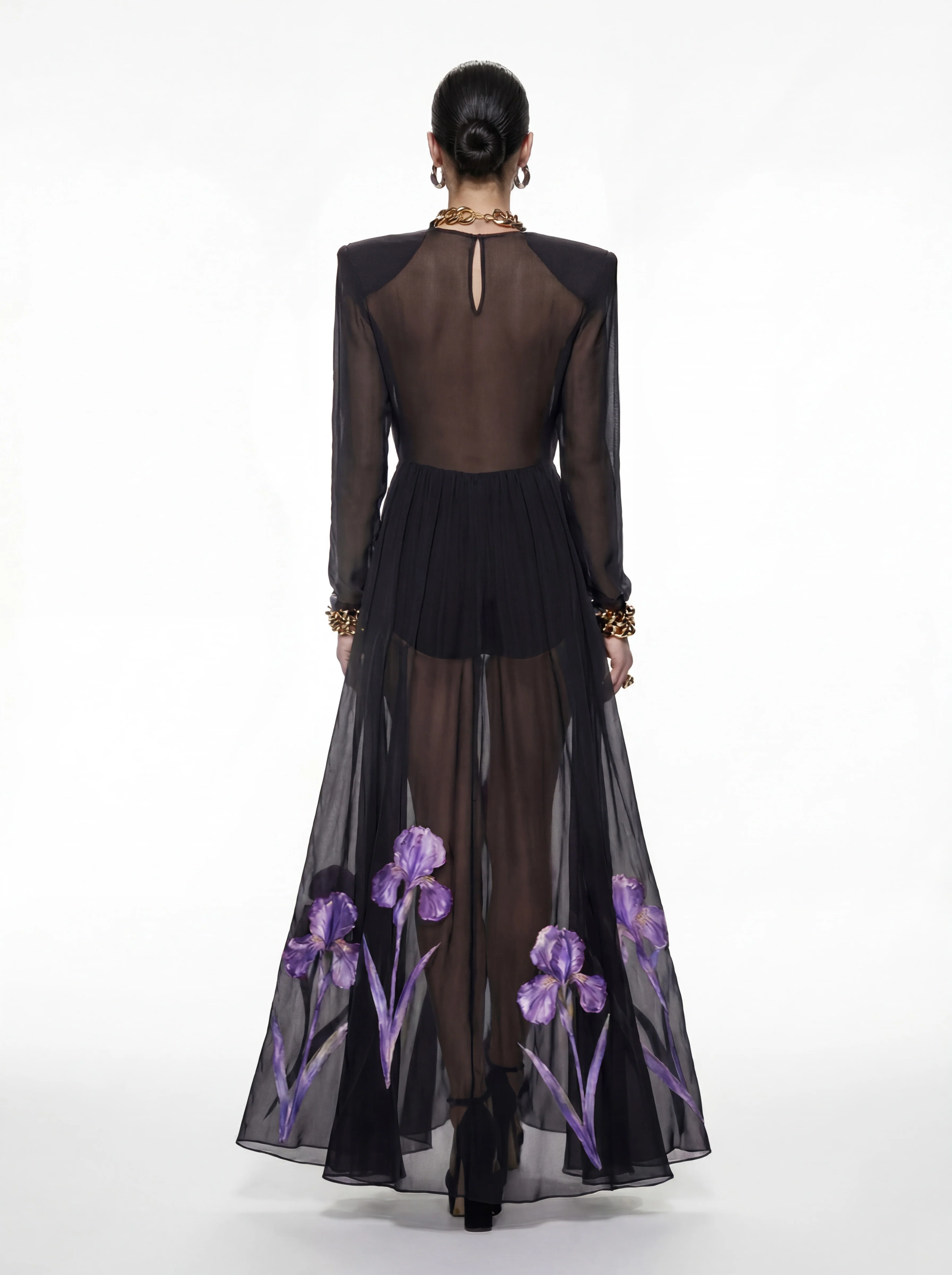 Iris Floral Print Long-Sleeve Sheer Gown - Black/Purple - FASHION NOB