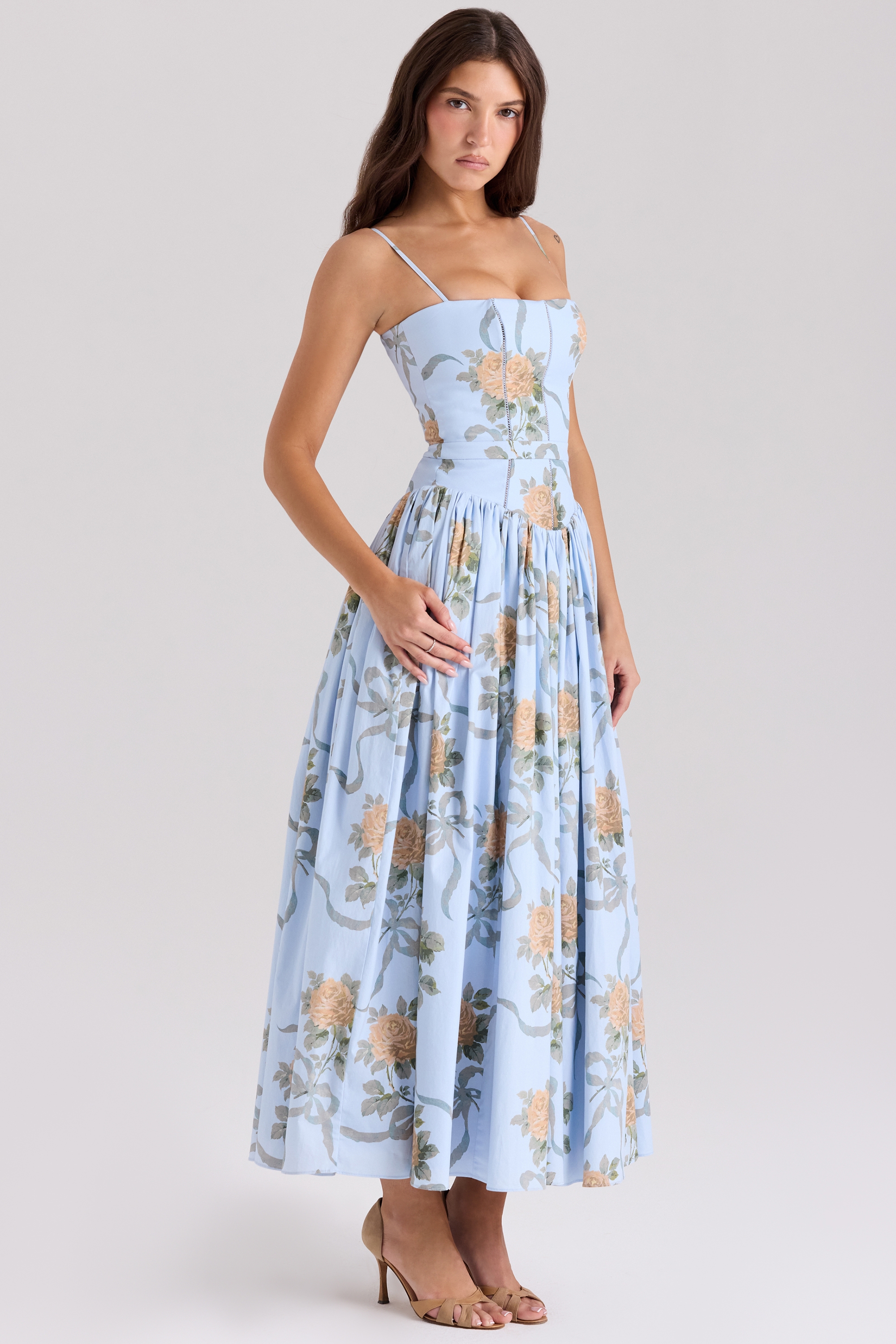 blue vintage rose print cotton midi sundress