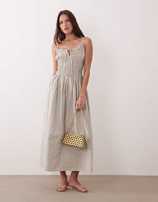 Esmée tie strap shirred beach maxi dress in beige & white stripes