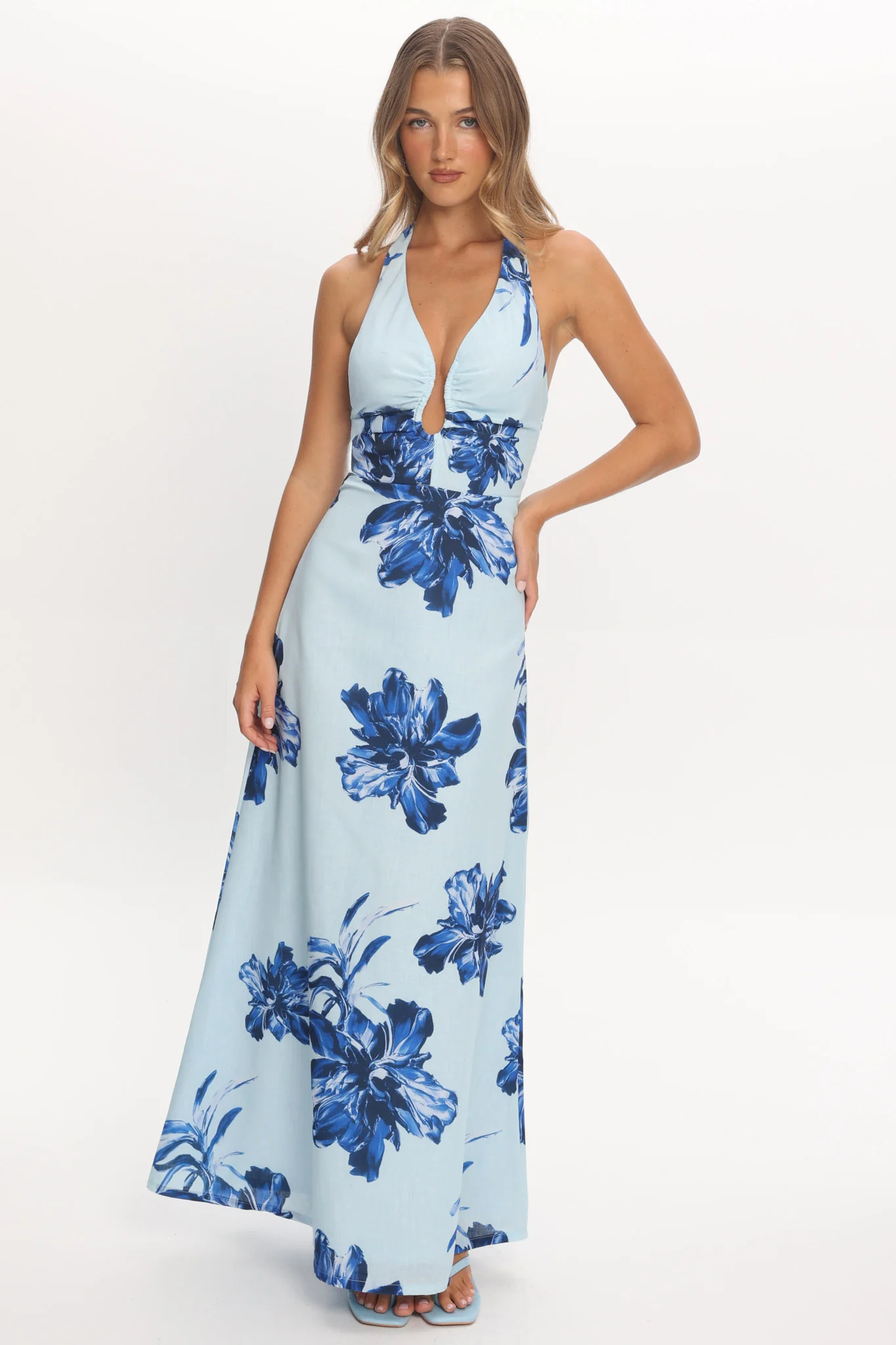 Lioren Plunging Halterneck Maxi Dress Floral Blue - luluinthesky