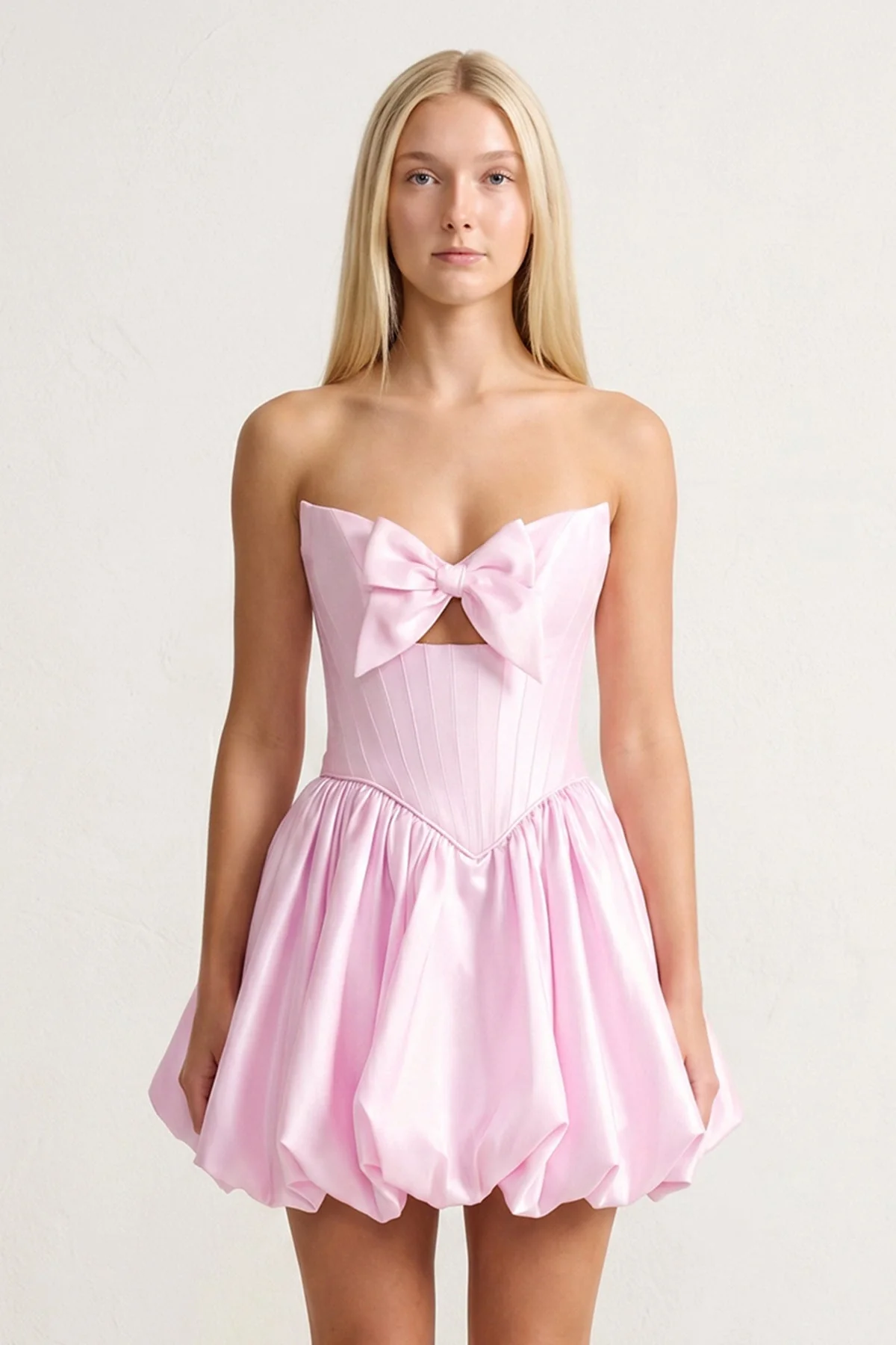 Pink Bowknot Sweetheart Bubble Hem A-Line Satin Homecoming Dress