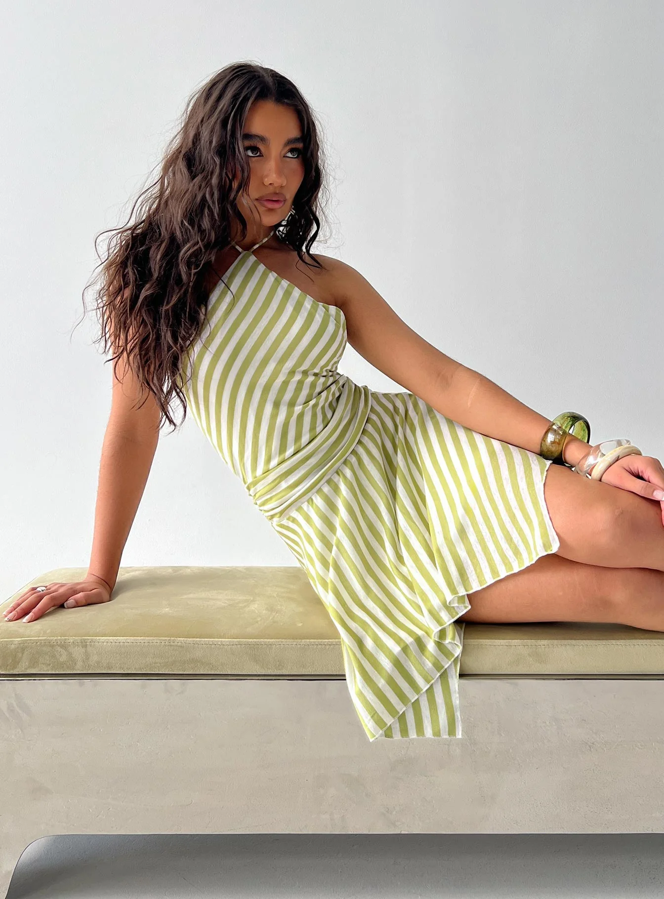 Sadana Arrowhead Asymmetrical Mini Dress Green Stripe