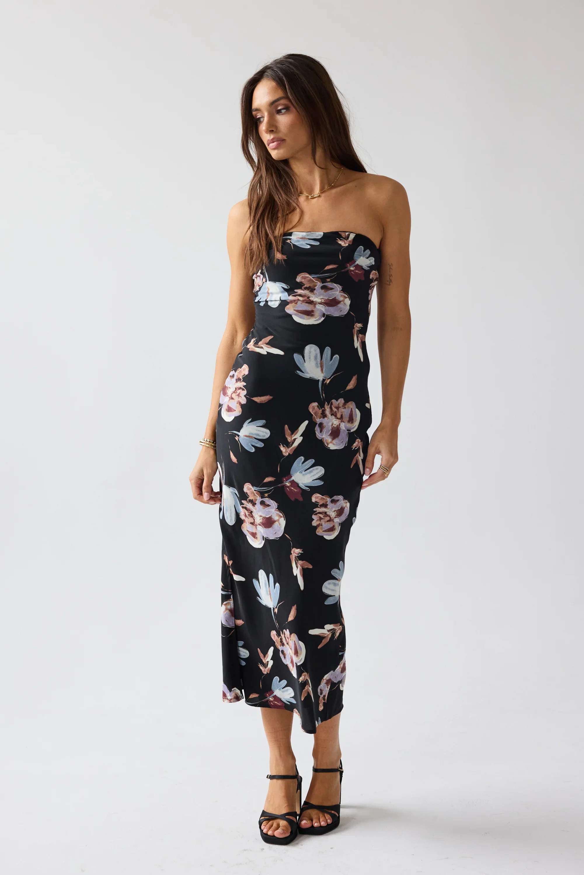 Kendall Strapless Midi Dress in Black
