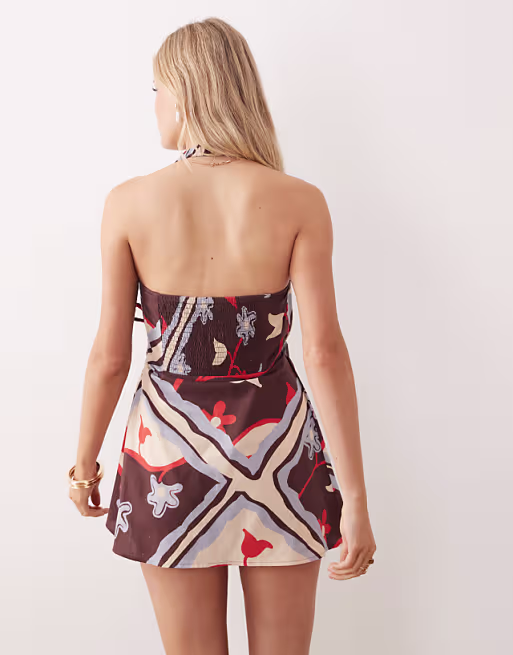 cotton linen blend halter neck wrap mini sundress in burgundy scarf print