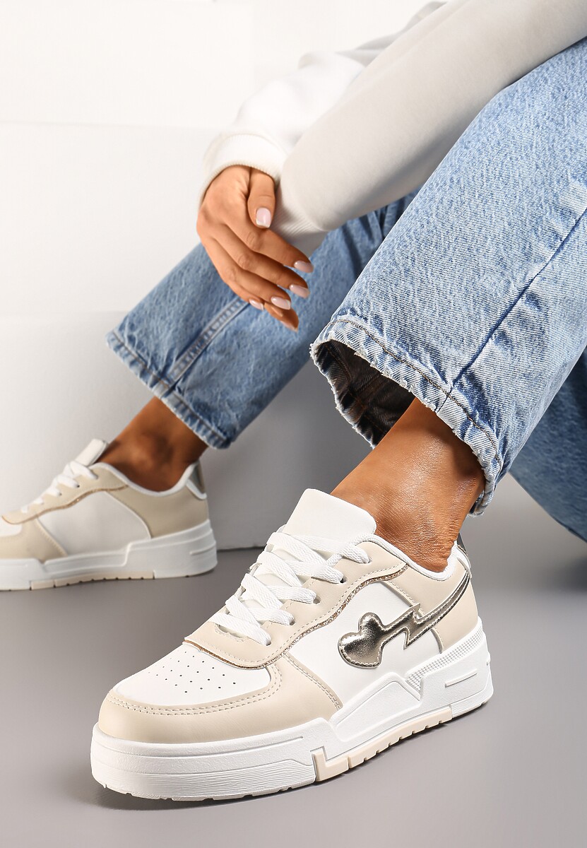 Beżowe Sznurowane Sneakersy na Grubej Podeszwie z Brokatowym Zdobieniem Anaieli