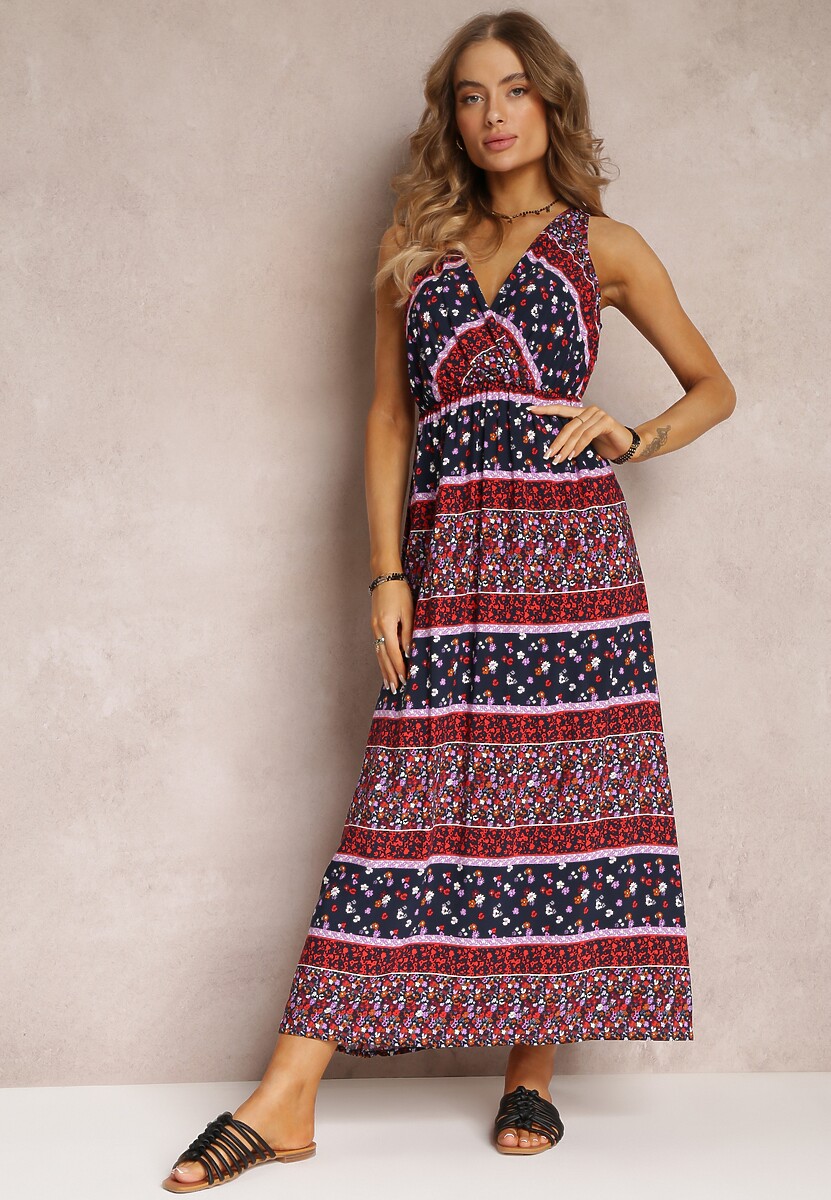 Granatowo-Różowa Sukienka z Wiskozy Maxi w Fantazyjny Print Cannida