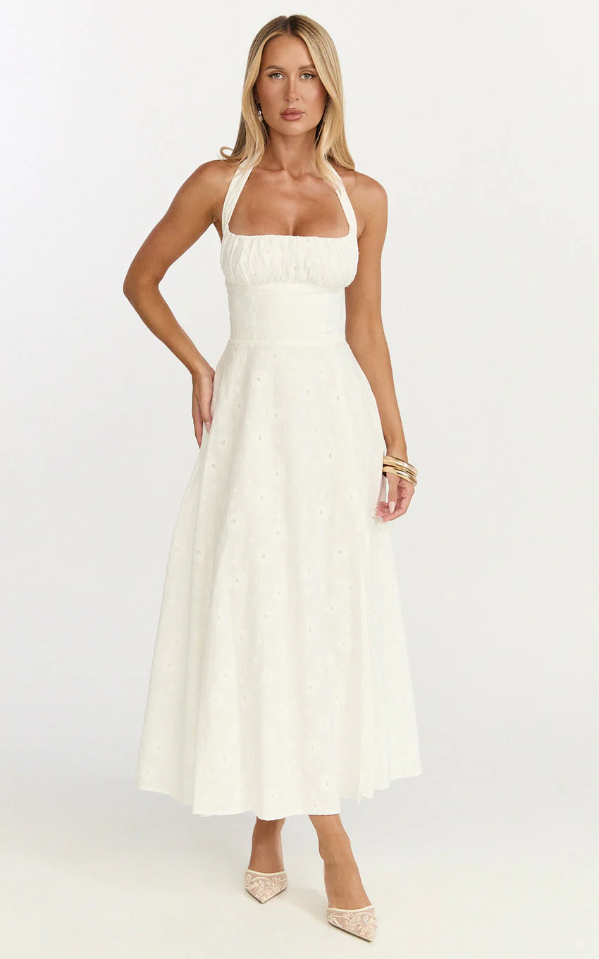 Lyra Midi Dress - Broderie Ruched Bust Halter Neck Dress in White - luluinthesky