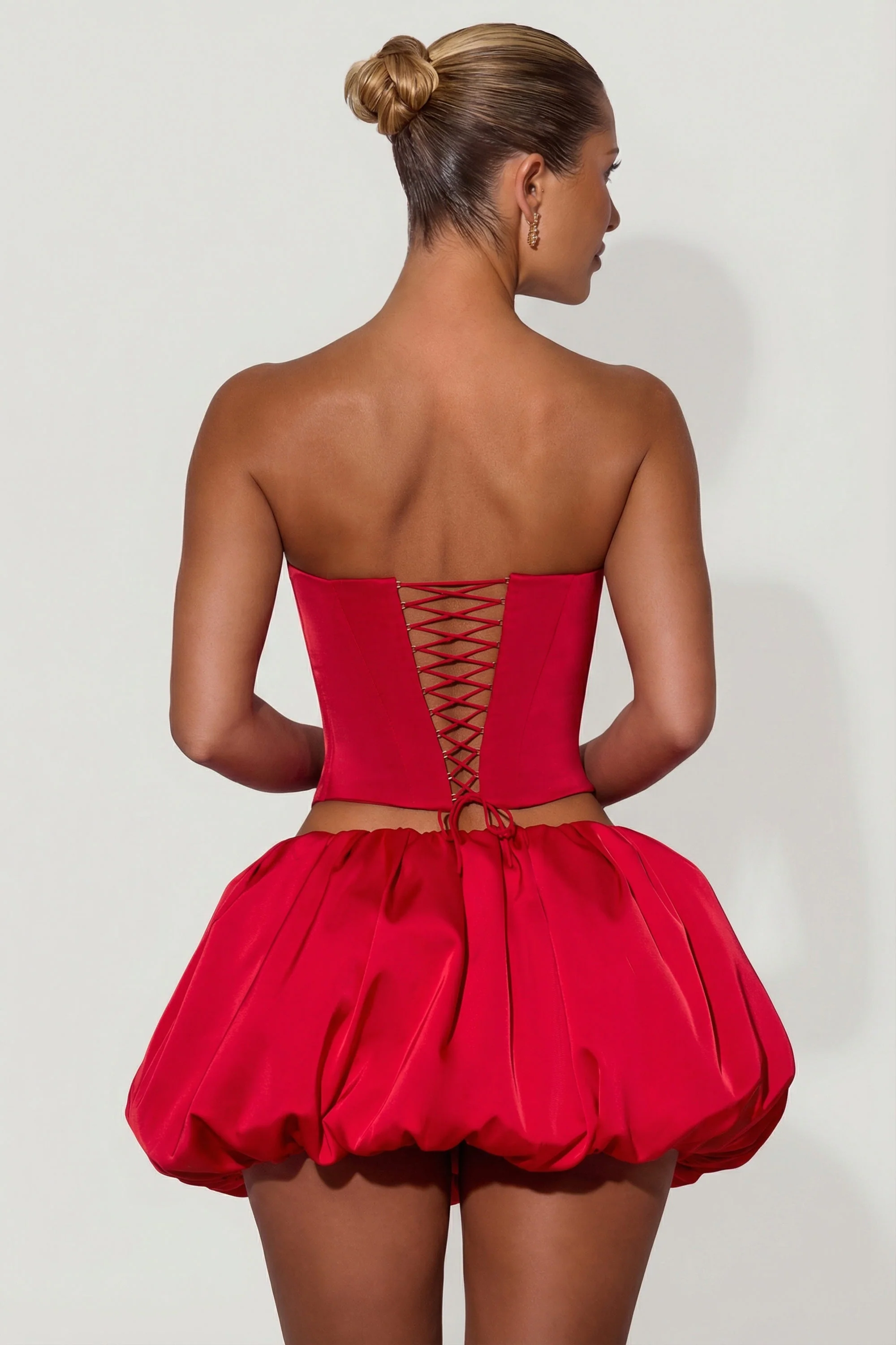 Embellished Heart Cut-Out Strapless Corset Top in Red
