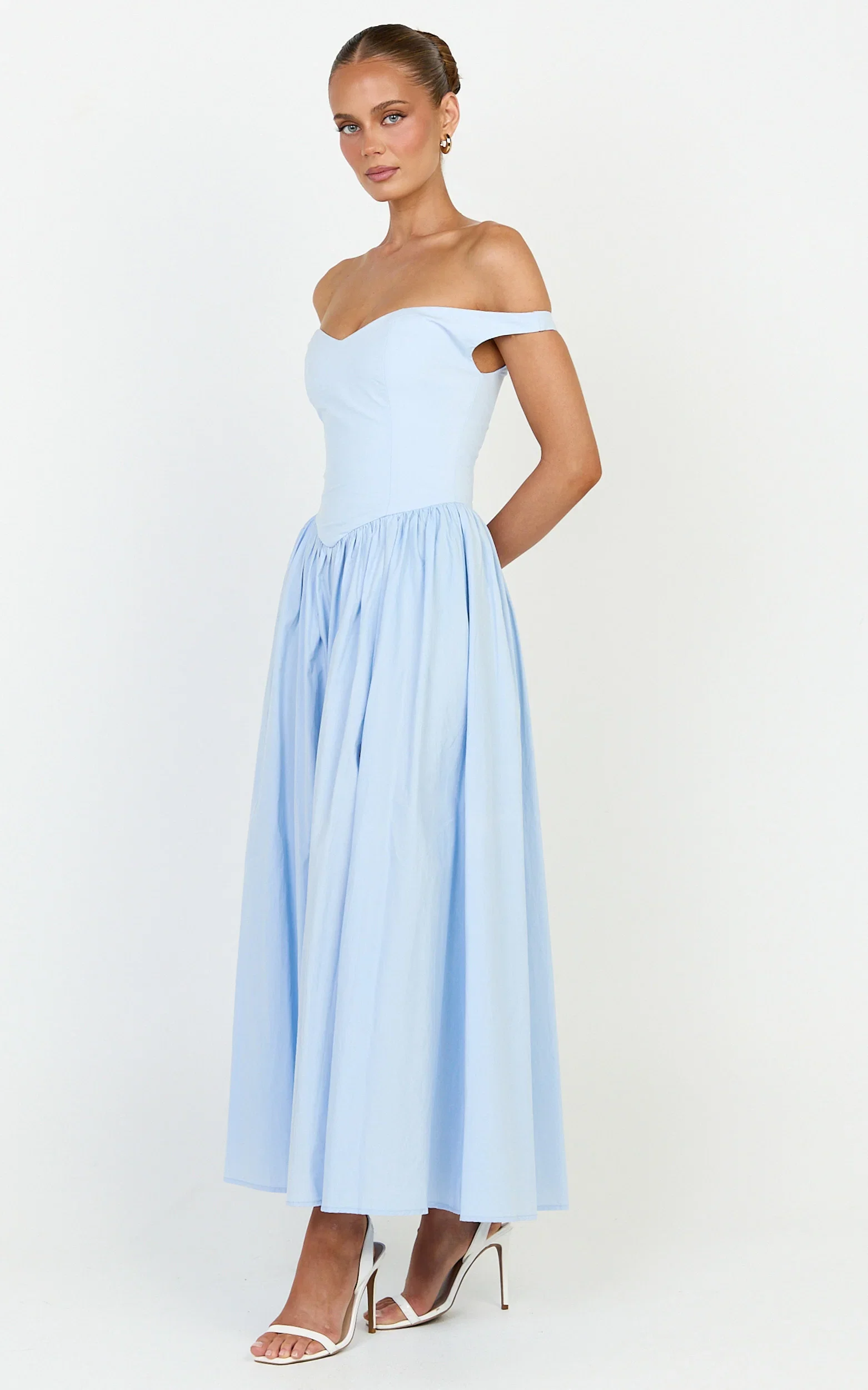 Lacey Midi Dress - Off Shoulder Gathered Waist Dress in Blue