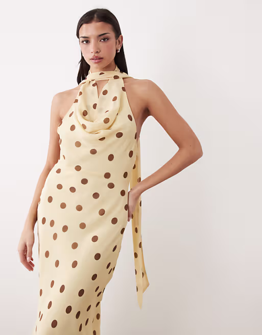 Gina Tricot scarf neck maxi dress in yellow polka dot