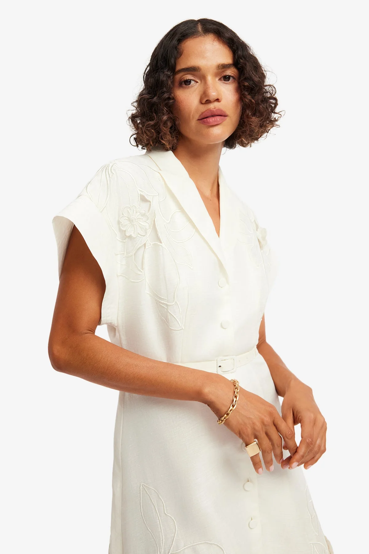 Aubrey Appliqué Shirt Midi Dress - Snow