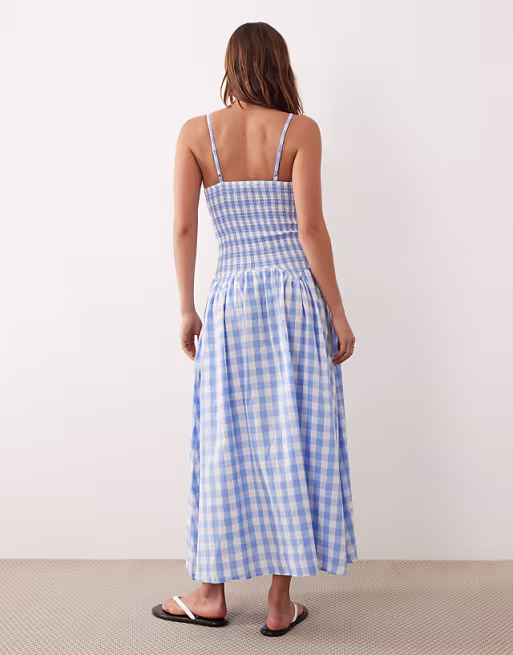 Esmée shirred drop waist maxi beach dress in blue & white gingham