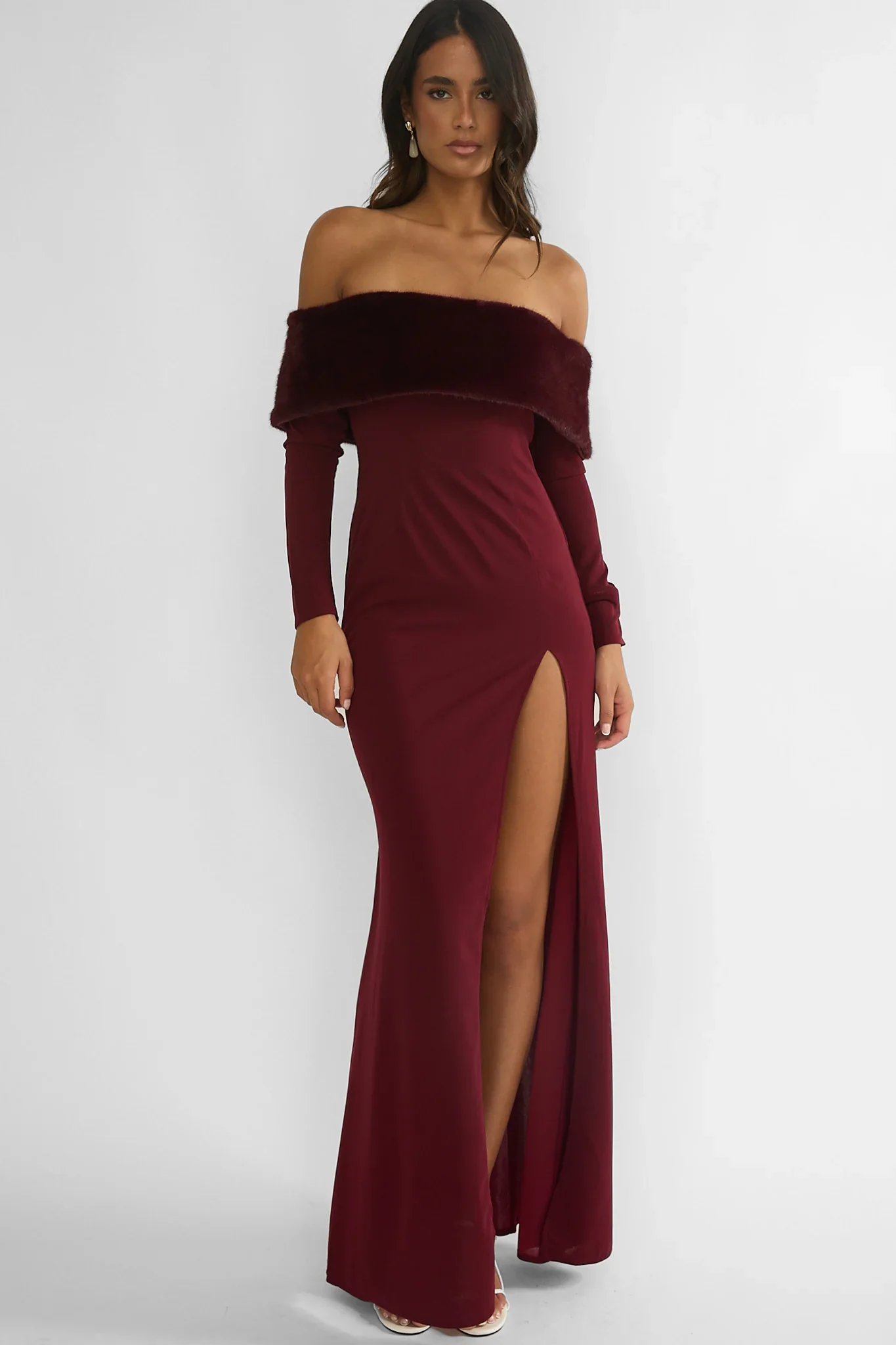 Noella Off-Shoulder Fur Trim Maxi Dress Wine