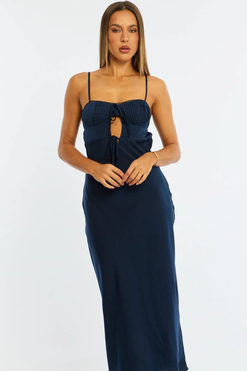 Blue Midi Dress Ribbon Detail Satin