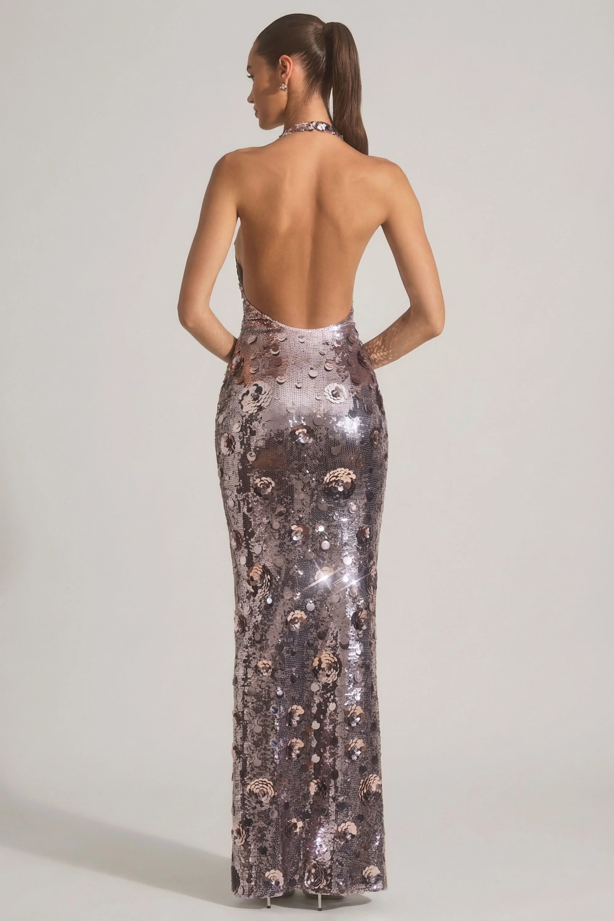 Sequin-Embellished Halterneck Maxi Dress in Silver