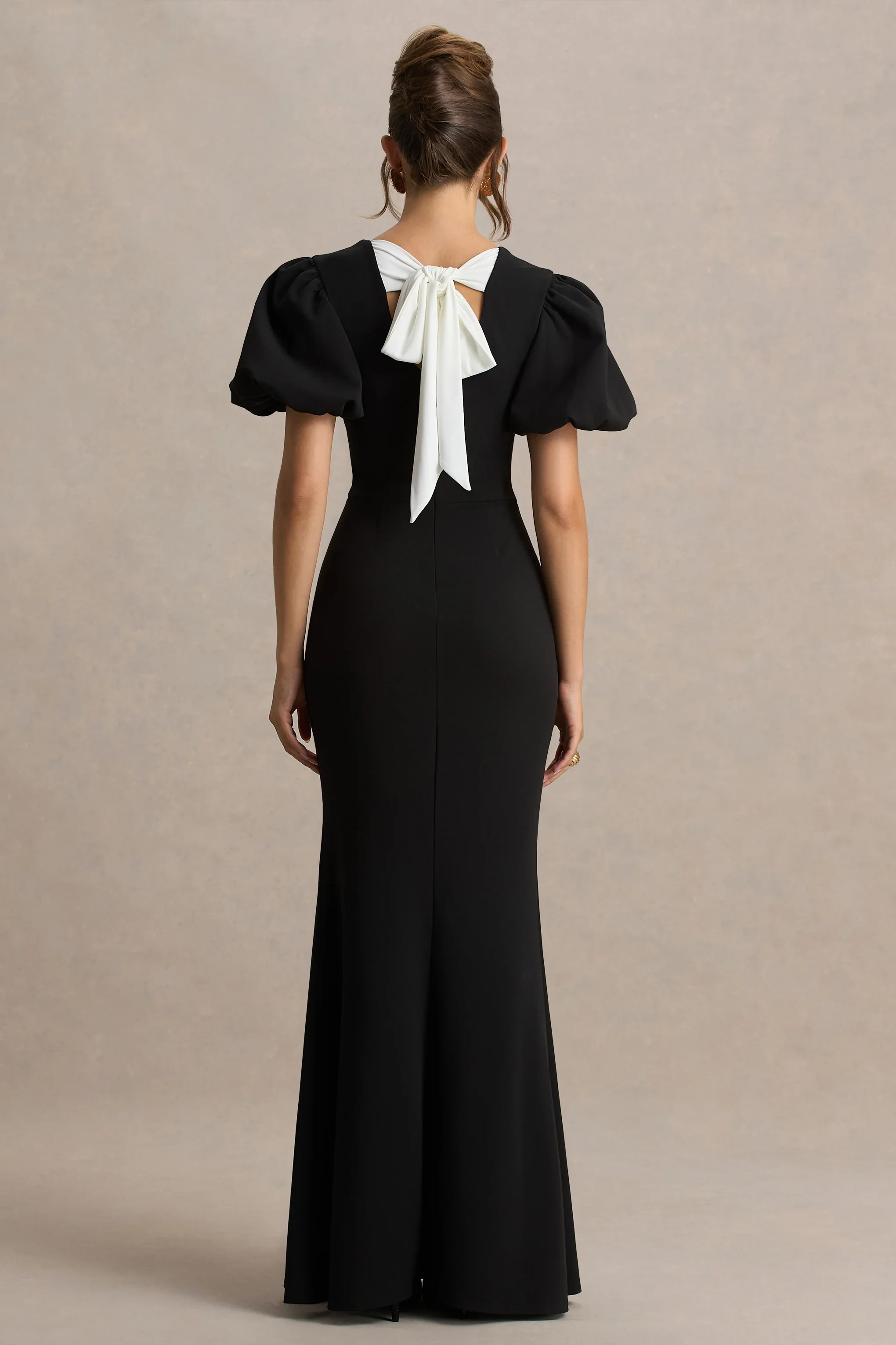 Carolina | Black Puff-Sleeve Maxi Dress With White Bow Detail