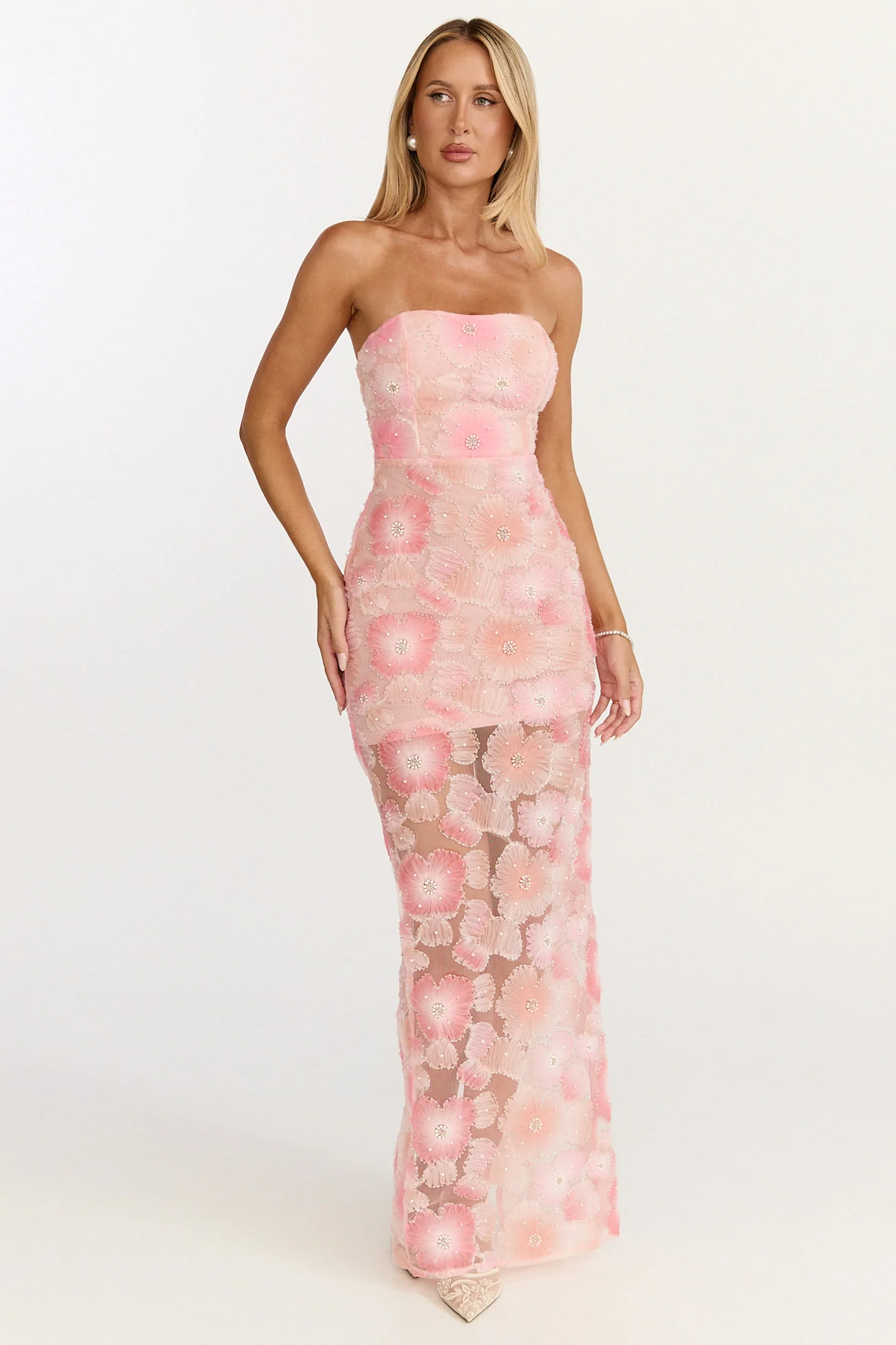 Lima Maxi Dress - Strapless Floral Embellished Column Dress in Pink