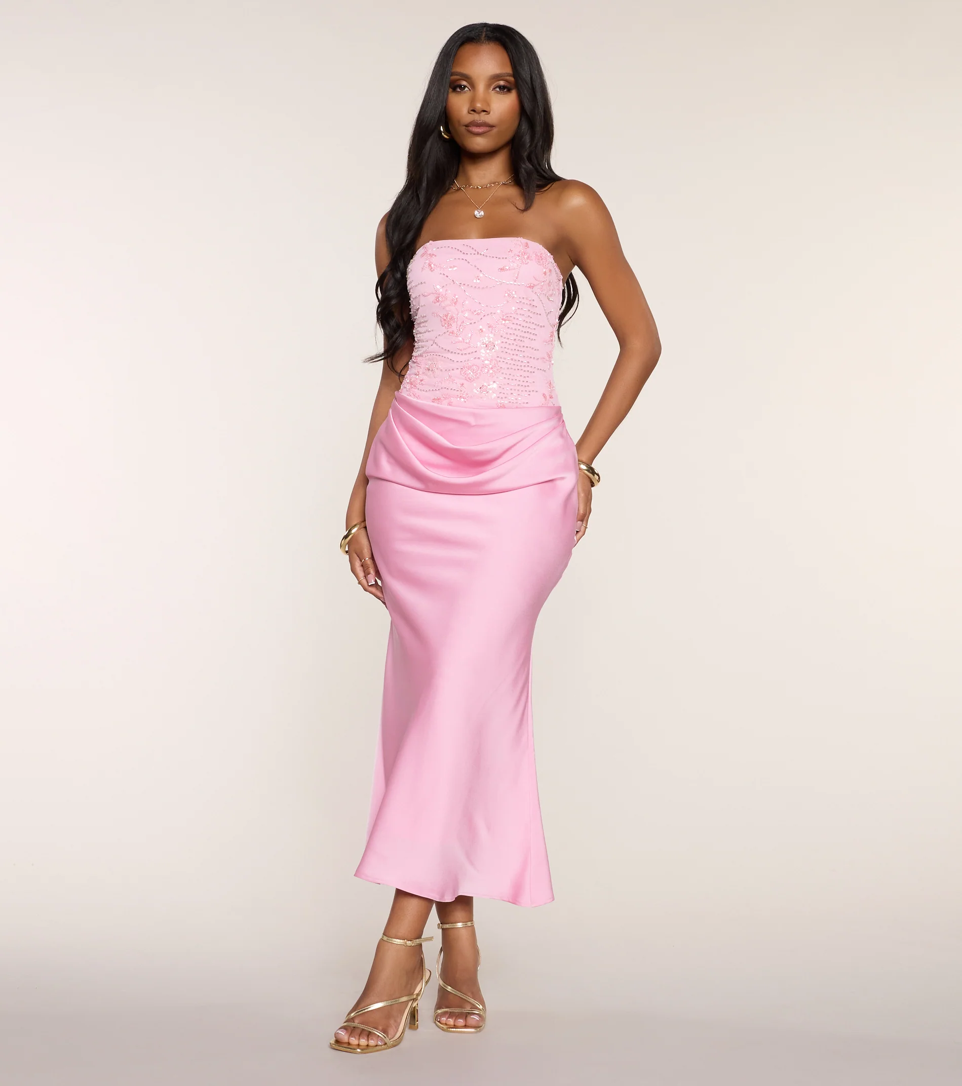 Satin Glow Strapless Beaded Midi Dress - FASHION NOB