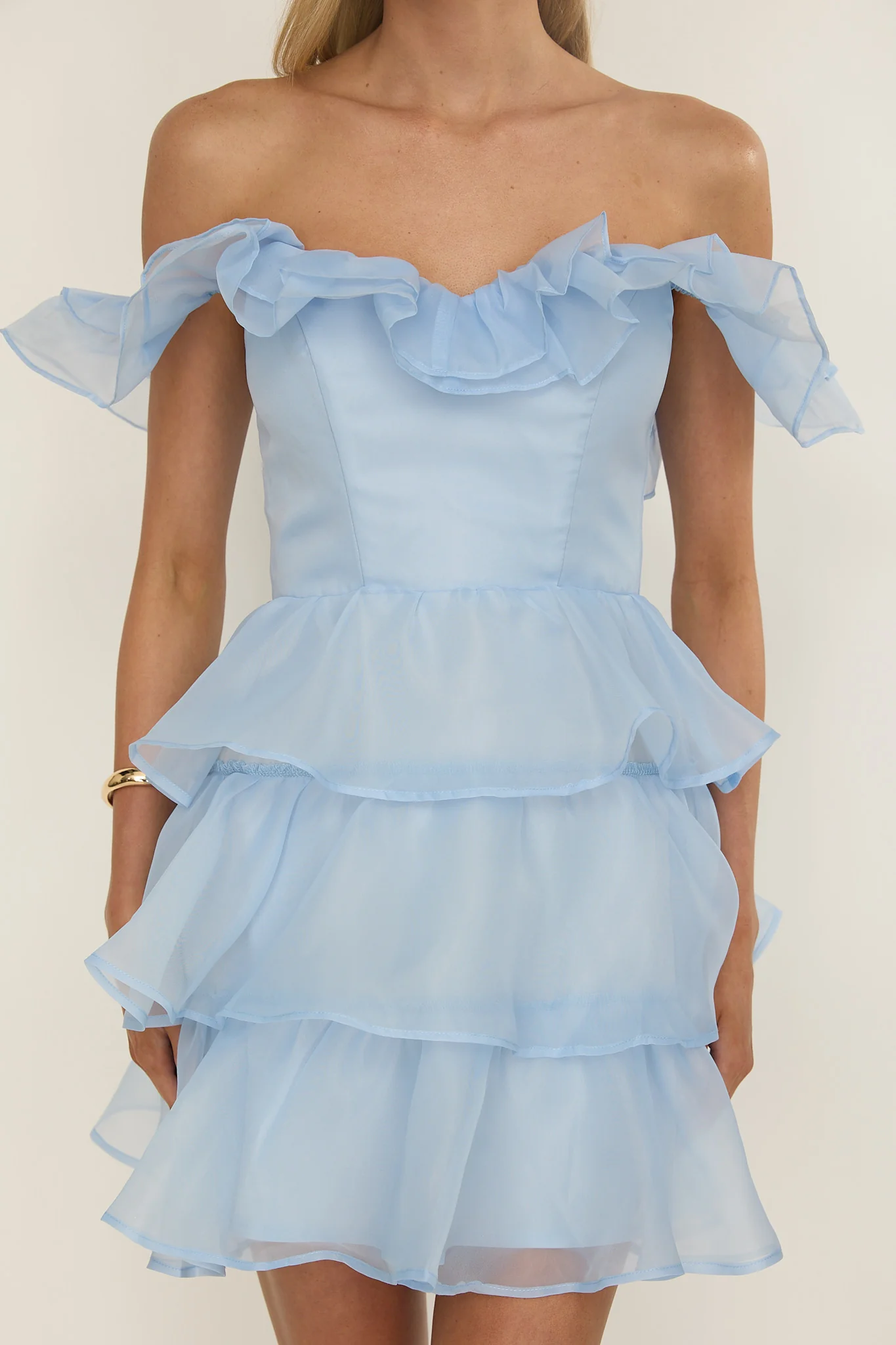 Rosira Off-Shoulder Ruffle Mini Dress Sky Blue