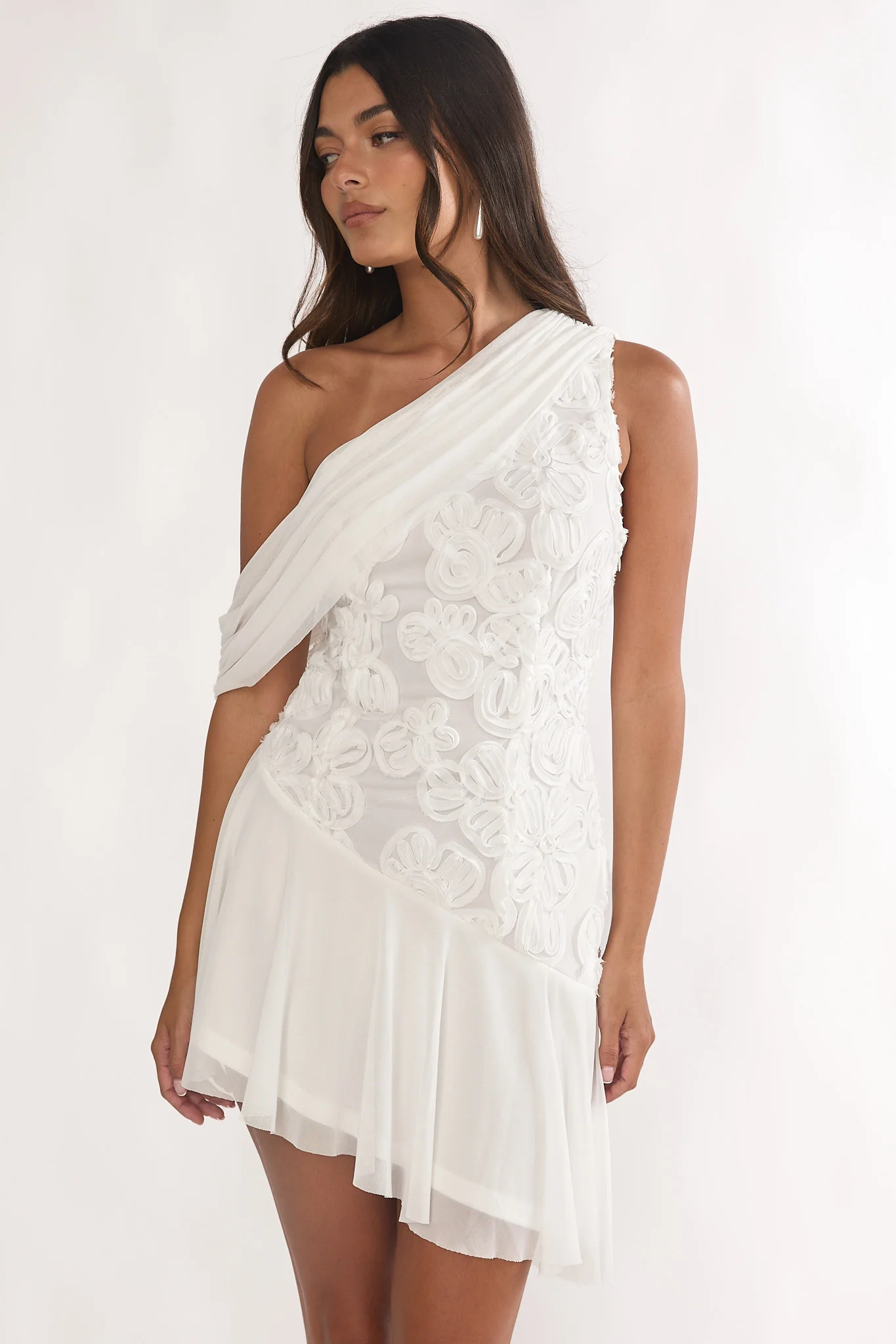 Anaisa One-Shoulder Draped Mini Dress Embellished Off White - luluinthesky