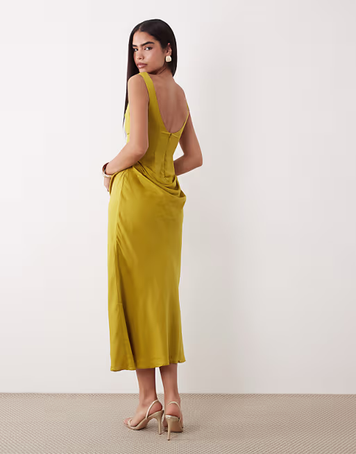 satin high neck drape skirt maxi dress in golden olive