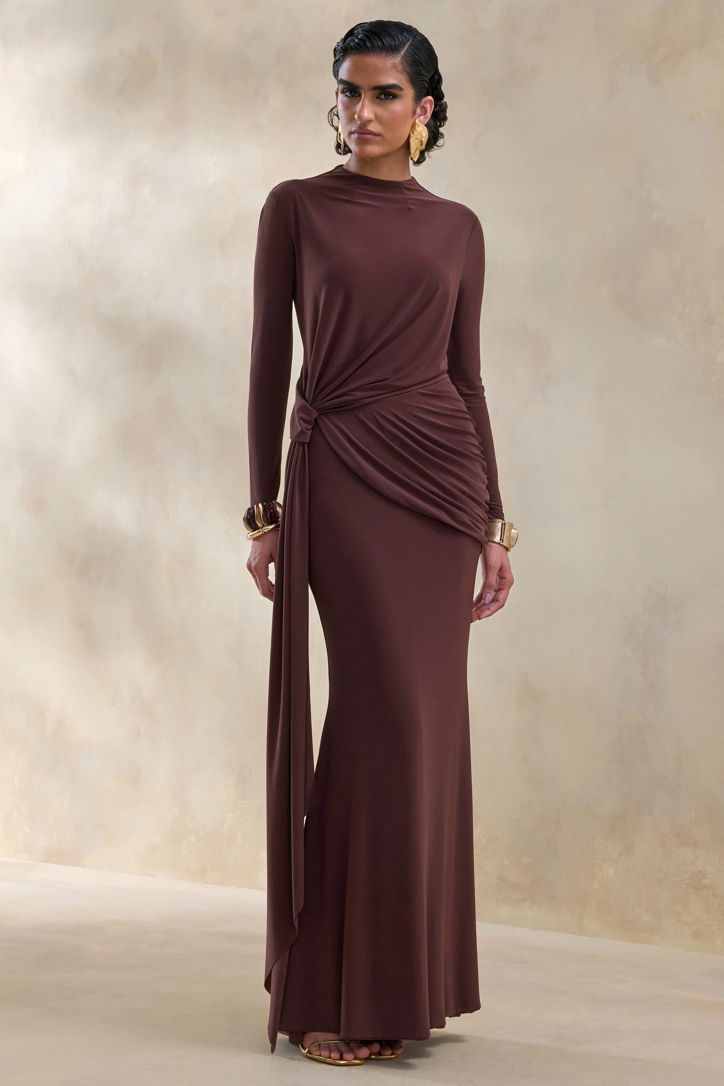 Kyrissa | Brown High-Neck Maxi Dress With Gathered-Detailing