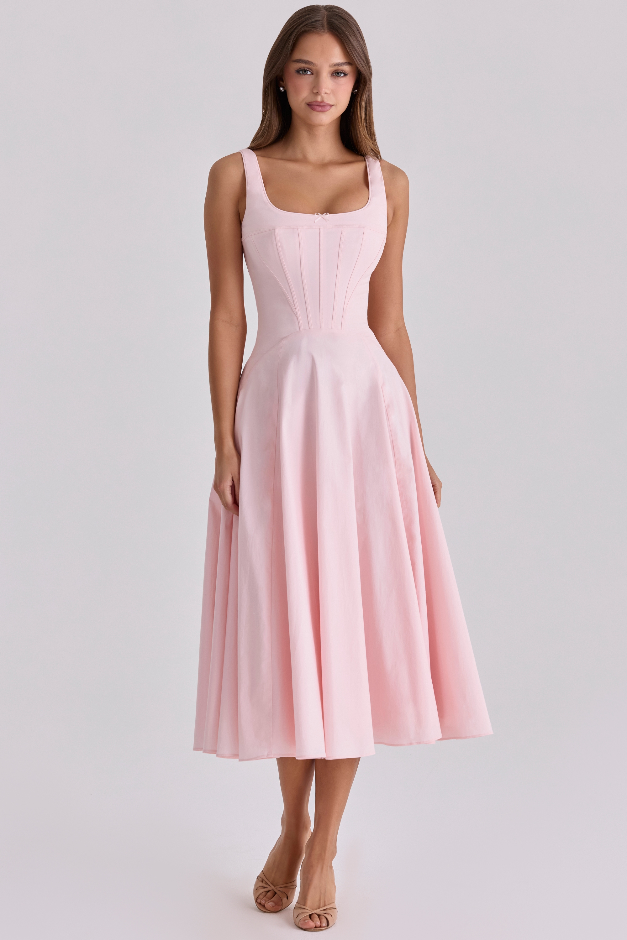 pink cotton lace up midi sundress