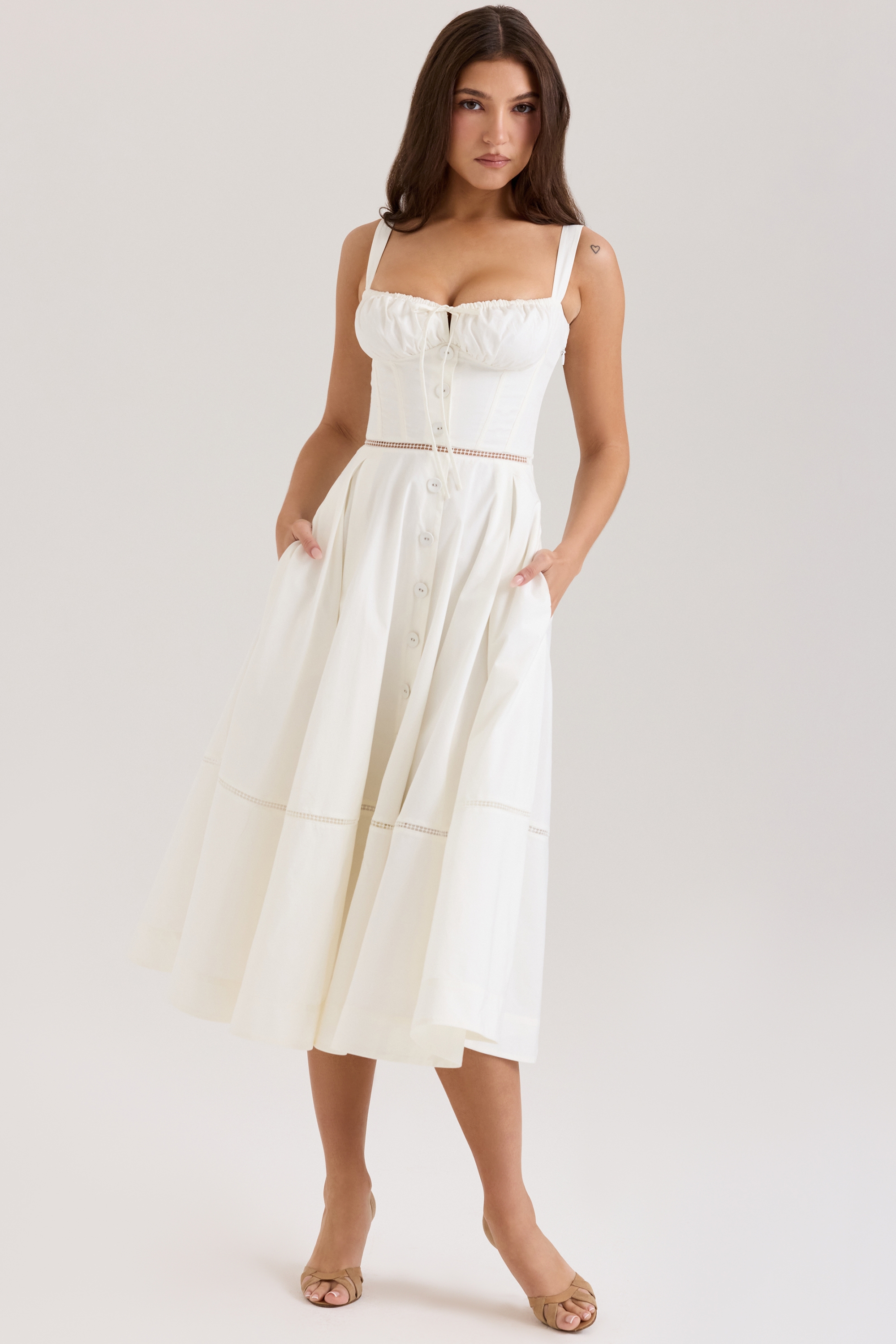 White Cotton Button Front Midi Dress