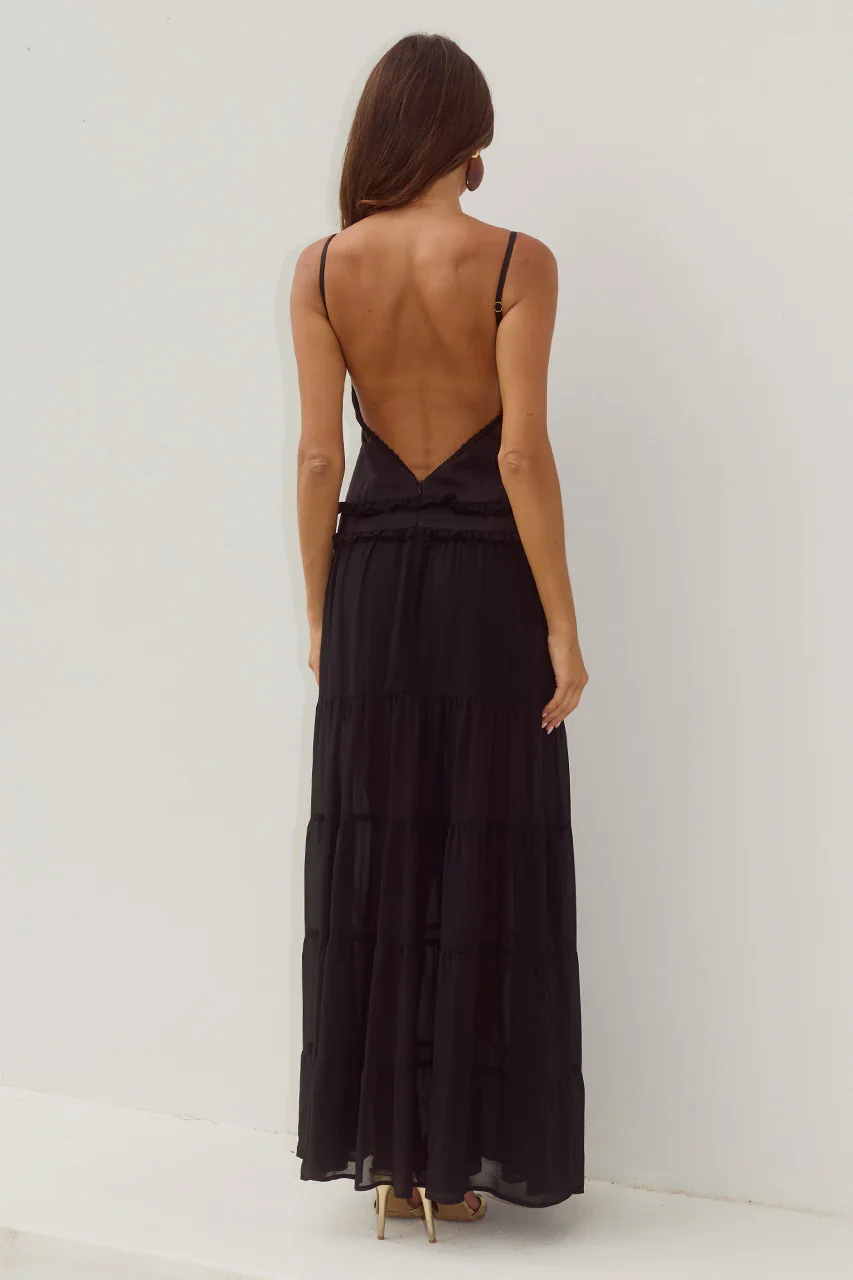 ROSETTA BACKLESS TIERED MAXI DRESS - BLACK